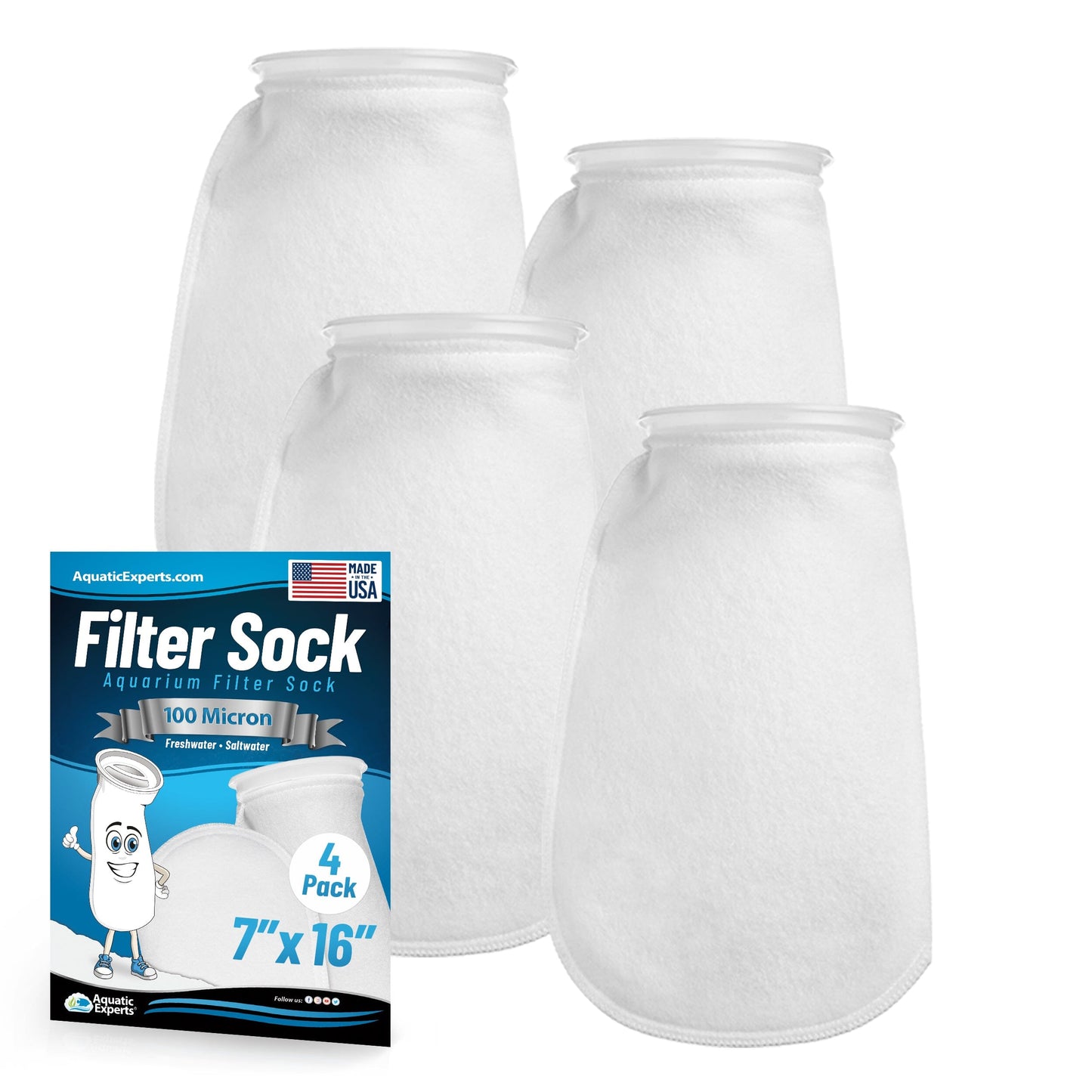 Aquatic Experts 7" Ring Aquarium Filter Sock 100 Micron for Saltwater & Reef Aquariums 16" 4 Pack Aquatic Experts