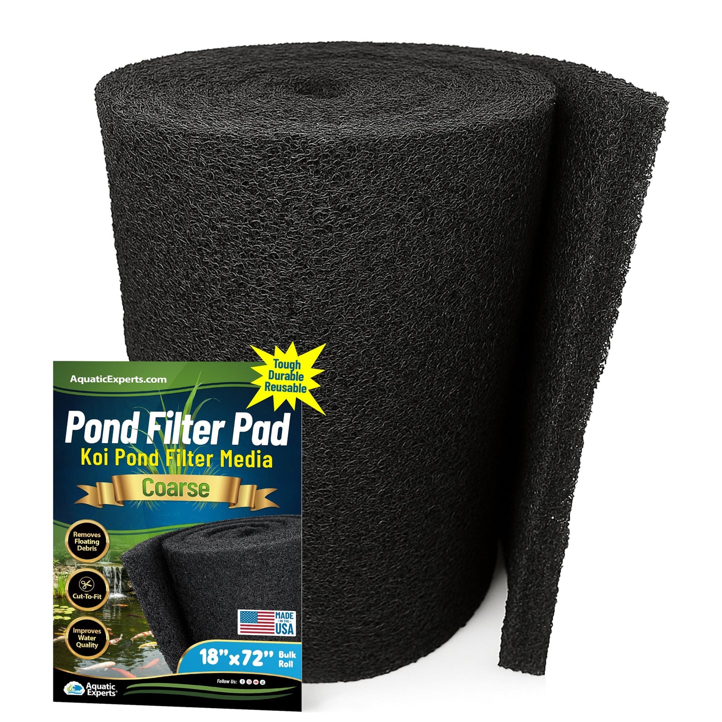 Classic Koi Pond Filter Pad COARSE - Black Bulk Roll Filter Media, Ultra-Durable Latex Coated for Fish Ponds 1" Thick 18" x 72" Aquatic Experts