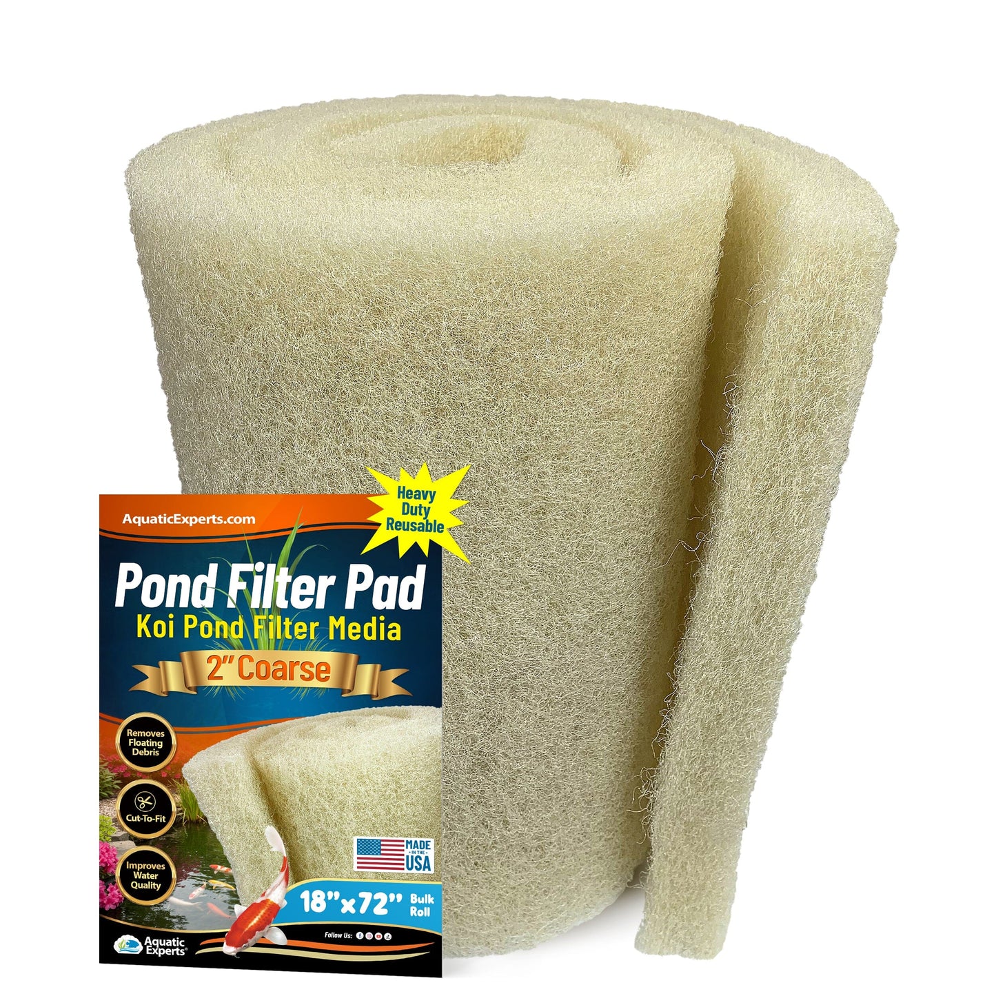 Cream COARSE Koi Pond Filter Pad - 2" Thick Bulk Roll Filter Media for Water Gardens - Made in USA 18" x 72" Aquatic Experts