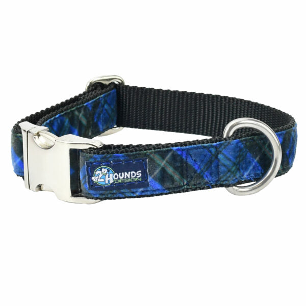 Midnight Winter Plaid Velvet Essential Dog Collar 1 inch wide 2 Hounds Design