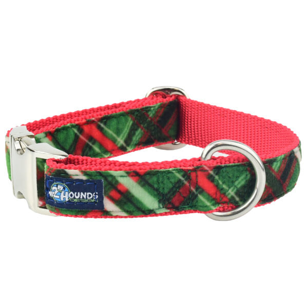 Christmas Plaid Green Velvet Essential Dog Collar (1″ Only) Dog Collar 2 Hounds Design