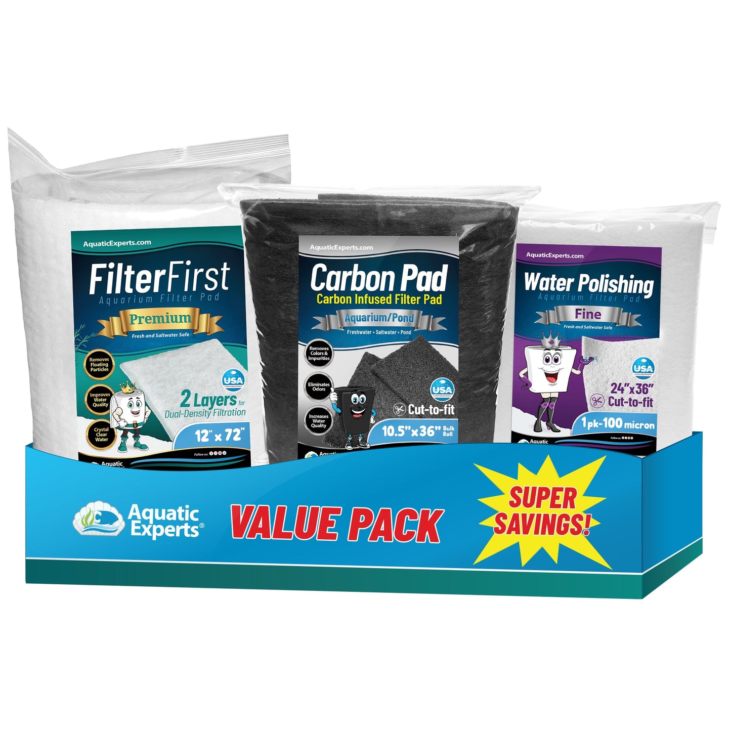 Aquarium Filter Floss for Fish Tank Filters - FilterFirst Pad - Media Roll for Crystal Clear Water Value pack Complete Filter Bundle Aquatic Experts