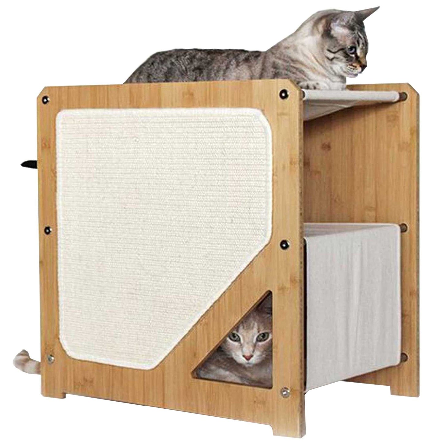 The Grotto - Short Cat Tree for Small Spaces Natural Bamboo Natural Canvas Cat Condo Catastrophic Creations