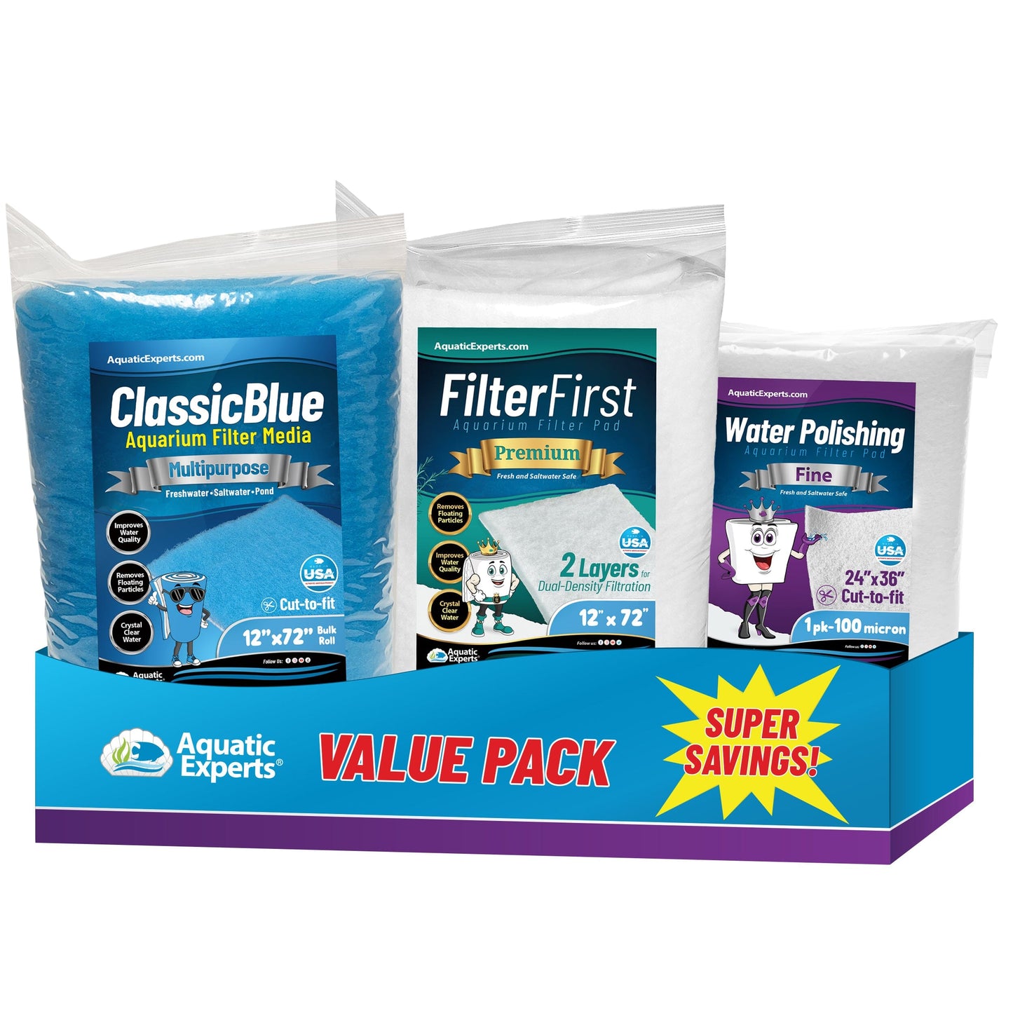 Aquarium Bundle - FilterFirst 12"X72" + ClassicBlue 12"X72" + 100 Micron Polishing Pad Bundle Bundles Aquatic Experts