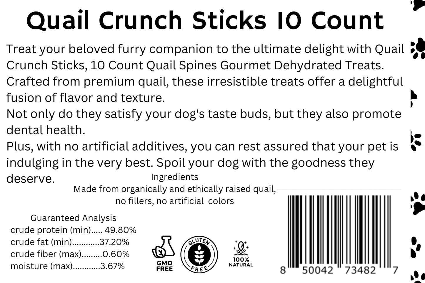 Quail Crunch Sticks Dog Treats, 10 Count Quail Spines Gourmet Dehydrated Healthy Dog Training Treats, Premium Flavors Promote Dental Health, No Artificial Additives for Happy Pets Quailz.com by Undique LLC