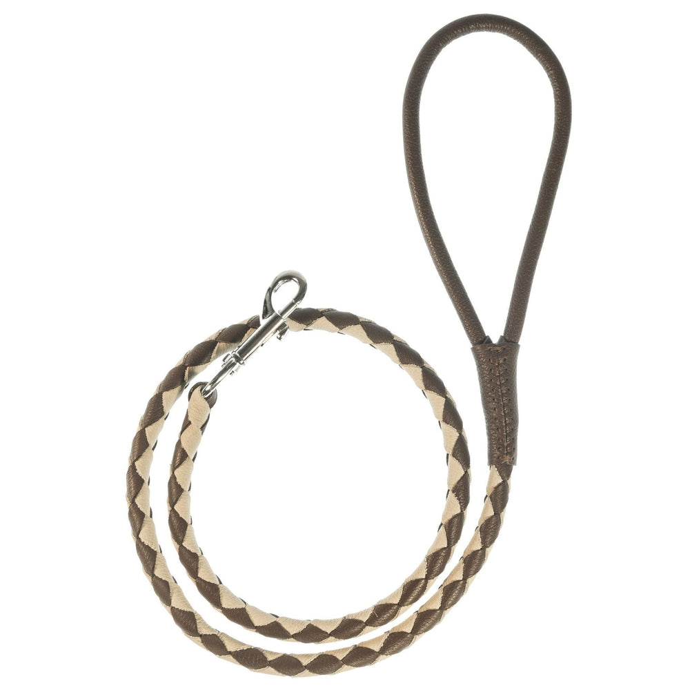 Soft Leather Dual-Color Braided Round Lead Beige Dark Brown Dog Leashes Dogline