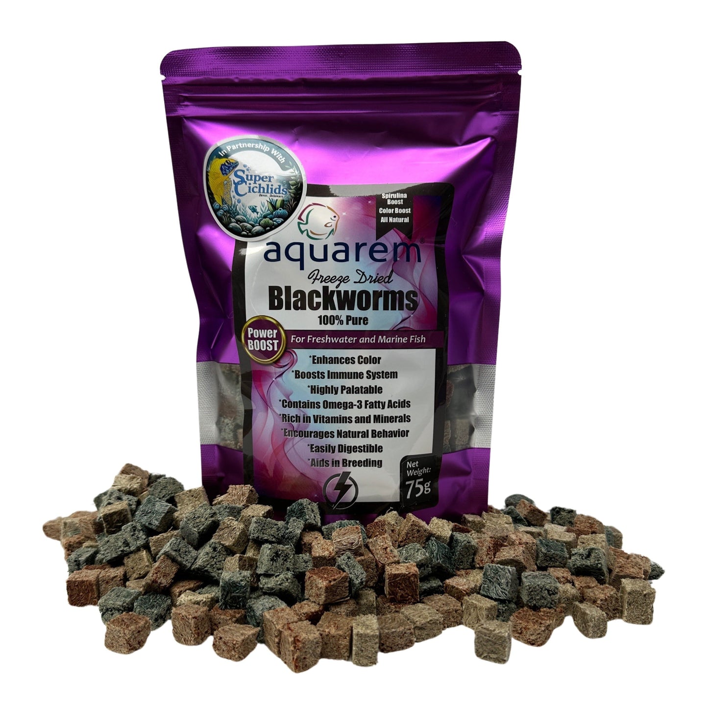 Freeze-Dried Blackworms Power Boost – Natural, Color Boost, Spirulina Cubes 75 Grams (Power Boost) Fish Food Super Cichlids