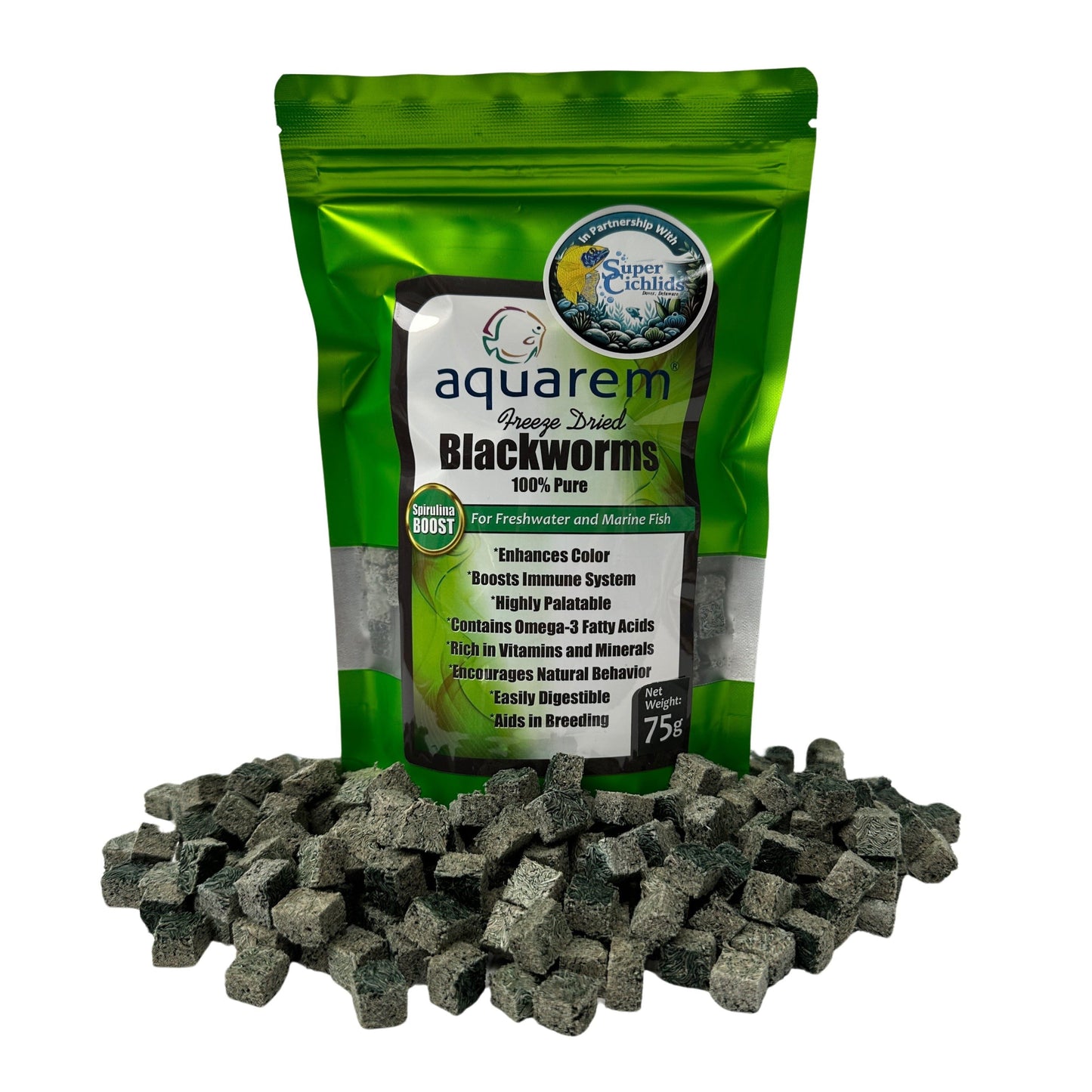 Super Cichlids Freeze-Dried Blackworms with Spirulina (All Natural, High Protein Fish Food) 75 Grams (Spirulina Boost) Fish Food Super Cichlids