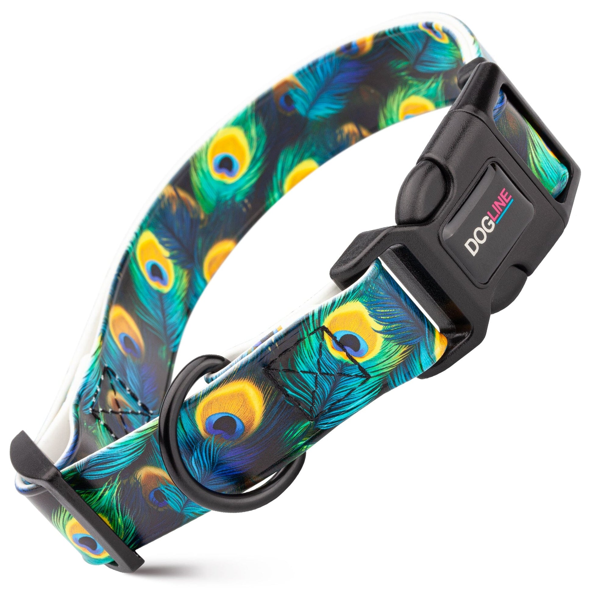 Dogline Biothane Full Color Design Printed Dog Collar with Quick Release Buckle Peacock W 3 4" x L 12"-19" Dog Collars Dogline