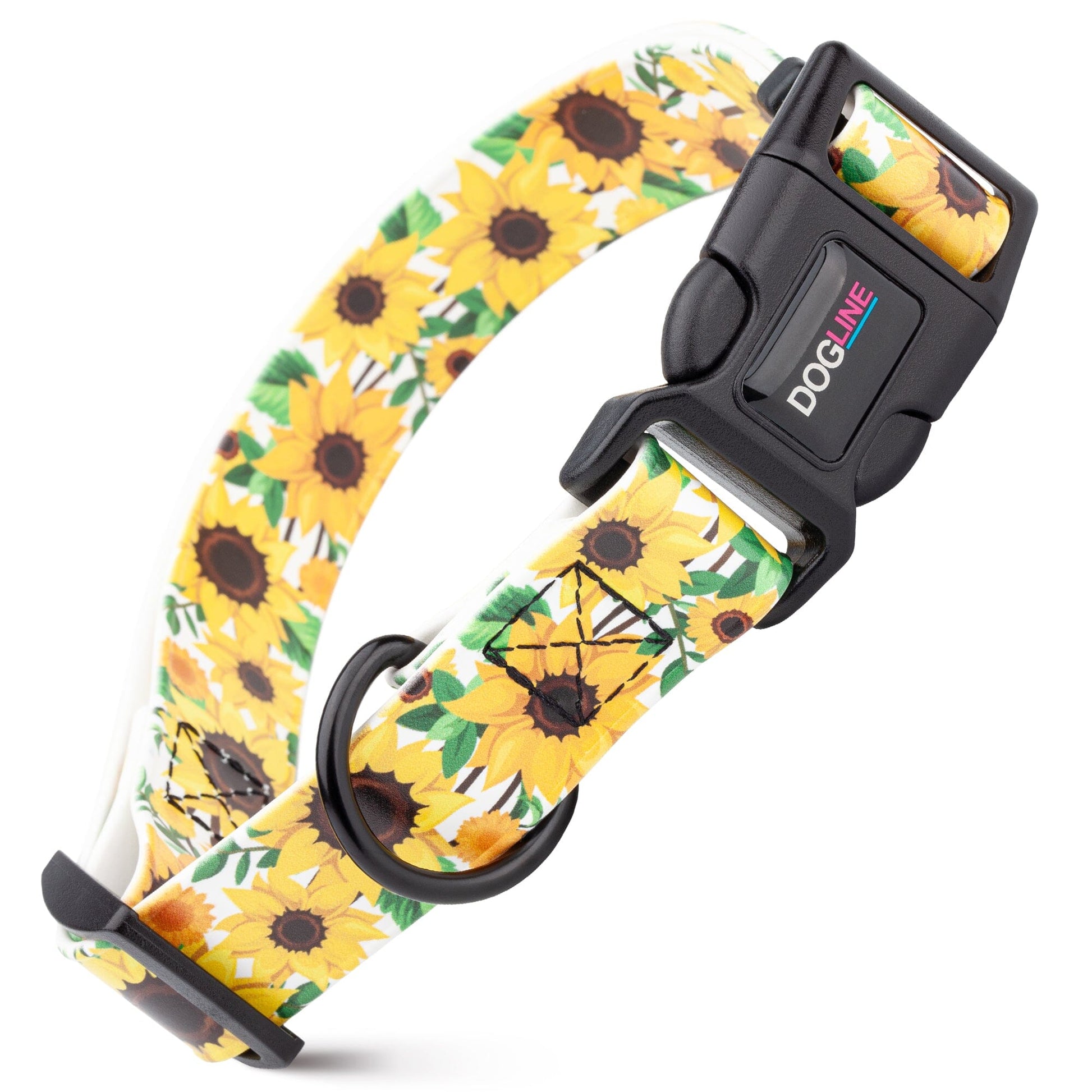 Dogline Biothane Full Color Design Printed Dog Collar with Quick Release Buckle Sunflowers W 3 4" x L 12"-19" Dog Collars Dogline