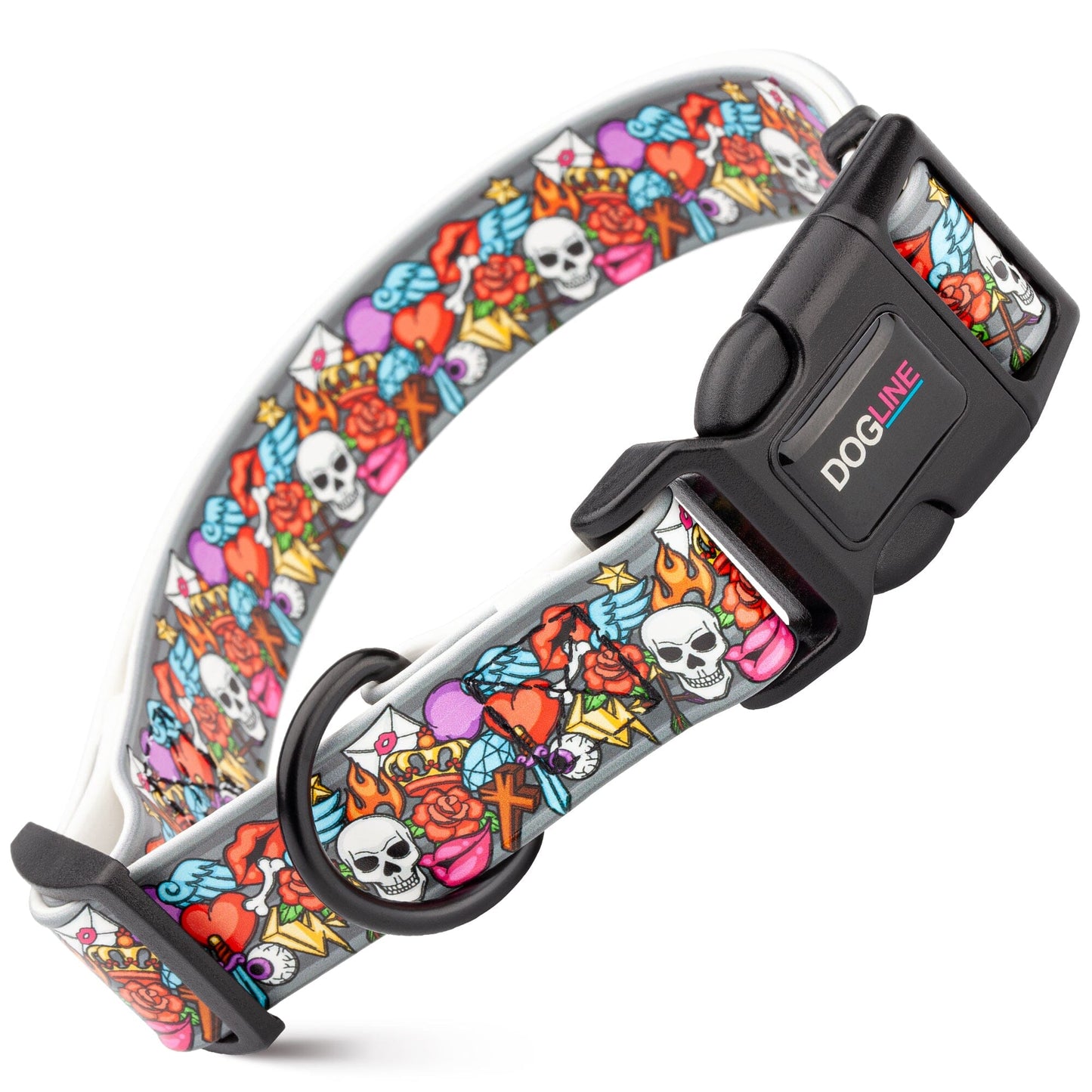 Dogline Biothane Full Color Design Printed Dog Collar with Quick Release Buckle Tattoos W 3 4" x L 12"-19" Dog Collars Dogline