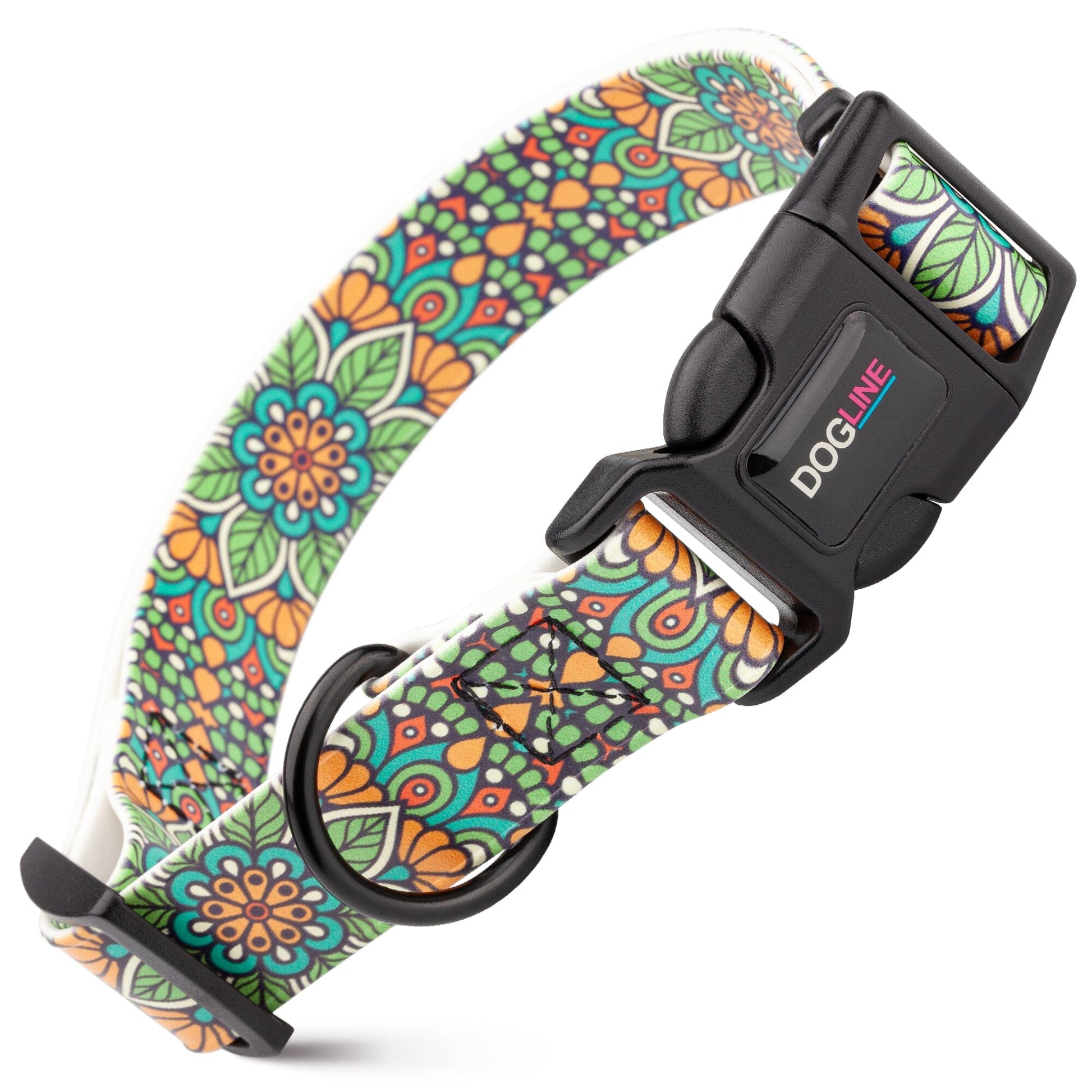 Dogline Biothane Full Color Design Printed Dog Collar with Quick Release Buckle Green Mandala W 3 4" x L 12"-19" Dog Collars Dogline