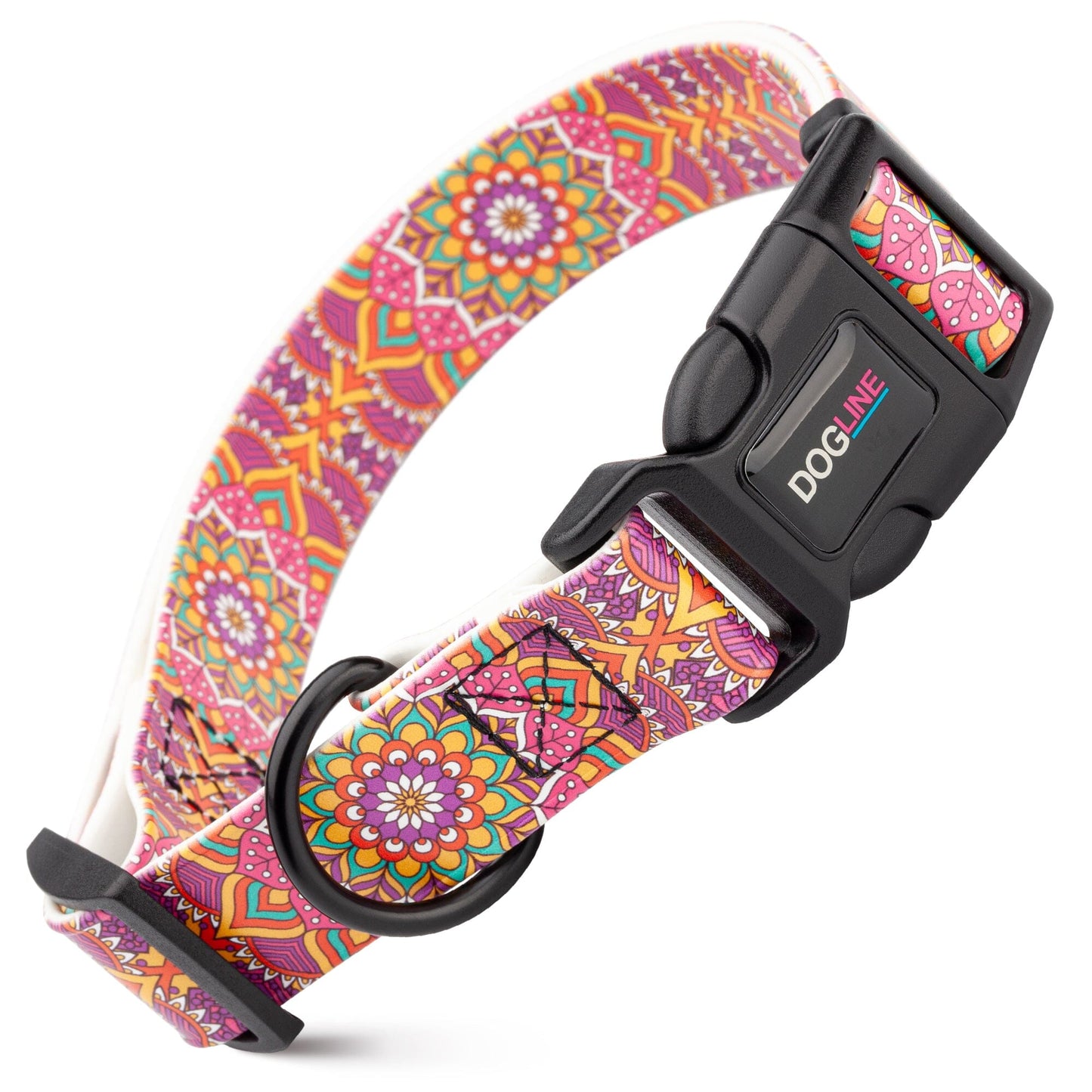 Dogline Biothane Full Color Design Printed Dog Collar with Quick Release Buckle Pink Mandala W 3 4" x L 12"-19" Dog Collars Dogline