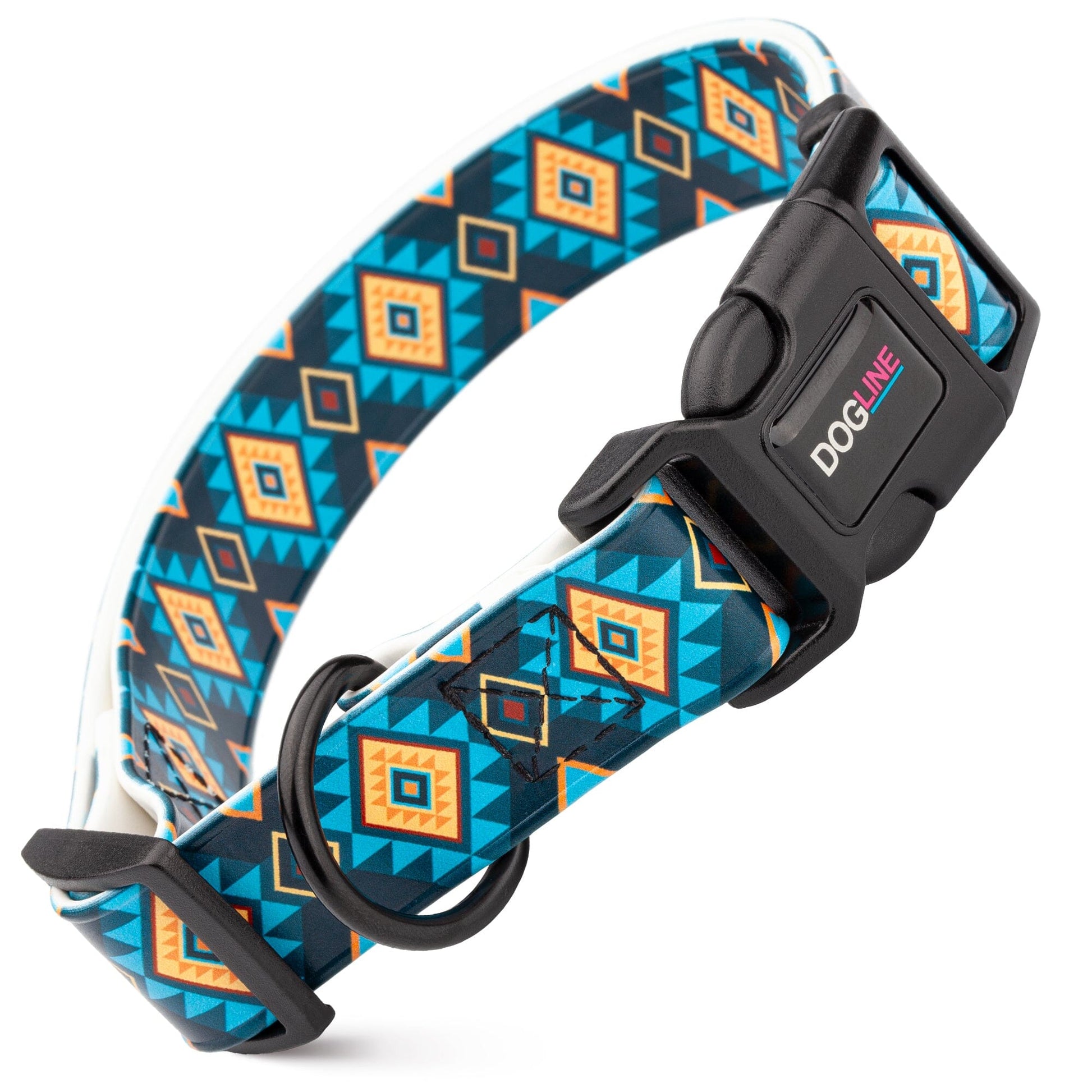Dogline Biothane Full Color Design Printed Dog Collar with Quick Release Buckle Blue Aztec W 3 4" x L 12"-19" Dog Collars Dogline