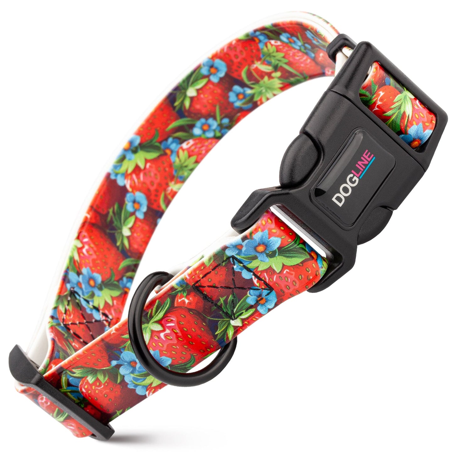 Dogline Biothane Full Color Design Printed Dog Collar with Quick Release Buckle Strawberries W 3 4" x L 12"-19" Dog Collars Dogline
