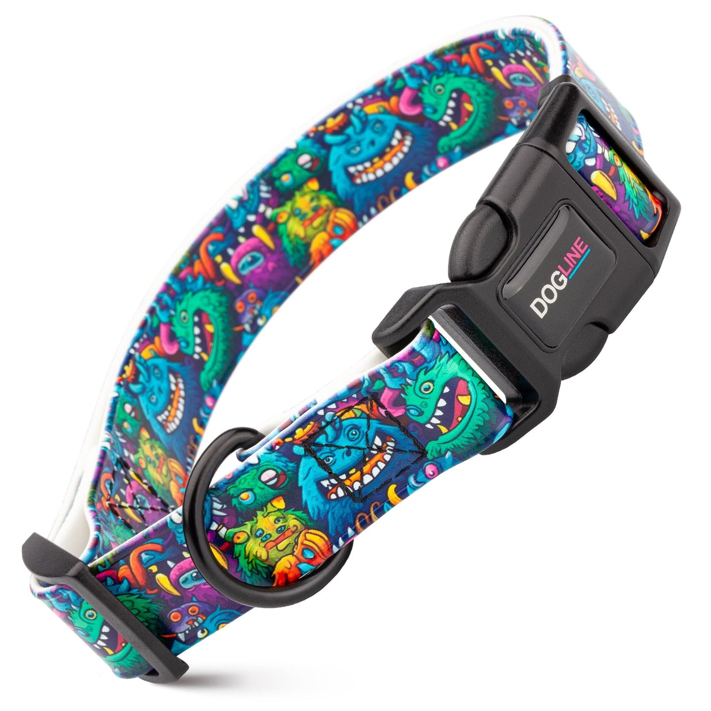 Dogline Biothane Full Color Design Printed Dog Collar with Quick Release Buckle Monsters W 3 4" x L 12"-19" Dog Collars Dogline