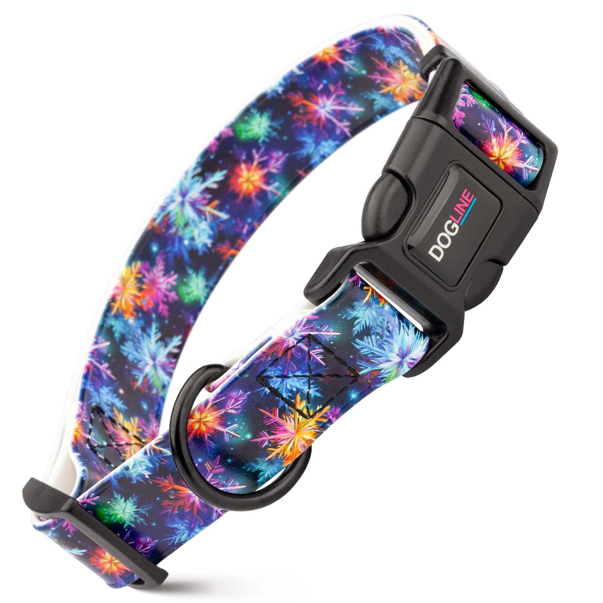Dogline Biothane Full Color Design Printed Dog Collar with Quick Release Buckle Vibrant Snowflakes W 3 4" x L 12"-19" Dog Collars Dogline