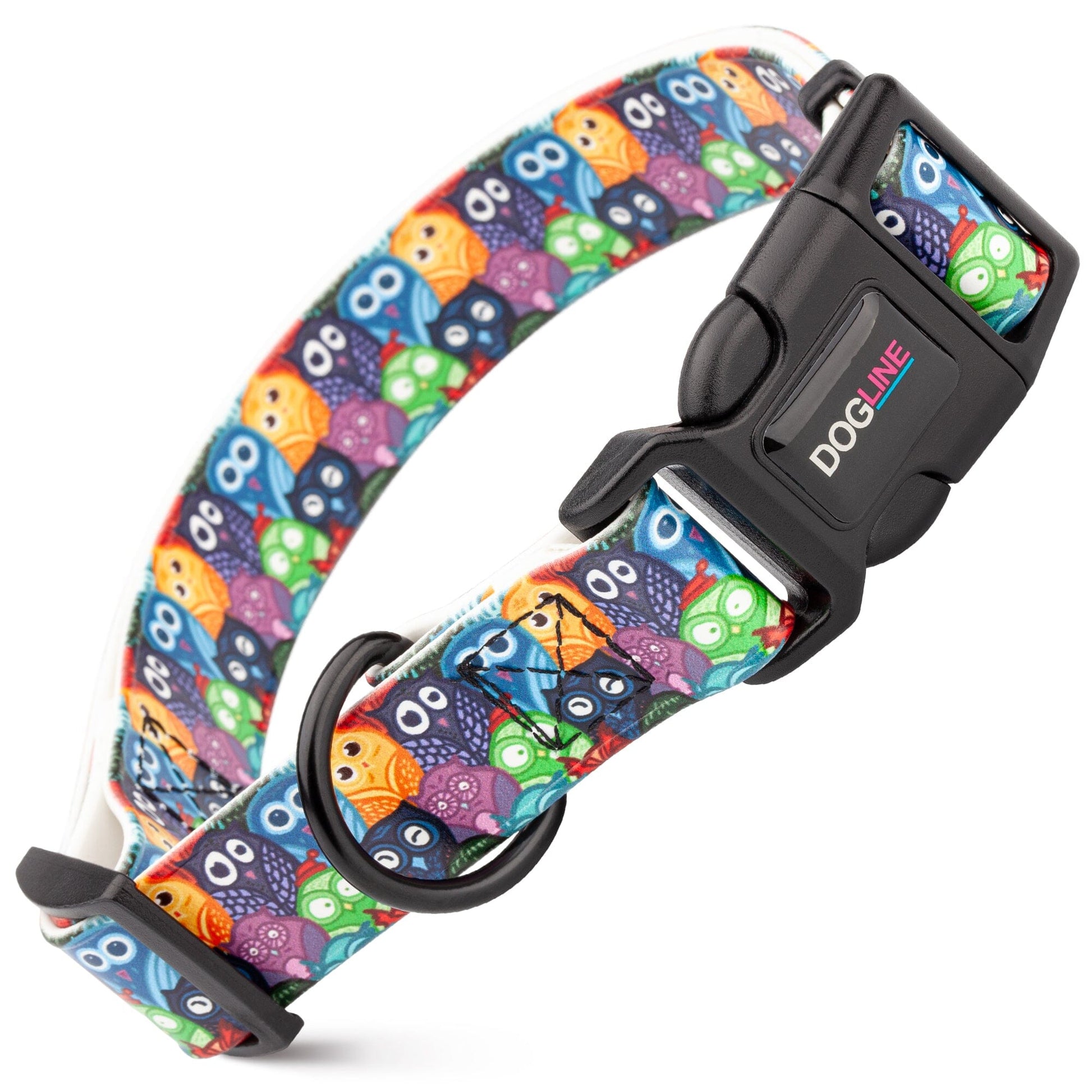 Dogline Biothane Full Color Design Printed Dog Collar with Quick Release Buckle Owls W 3 4" x L 12"-19" Dog Collars Dogline