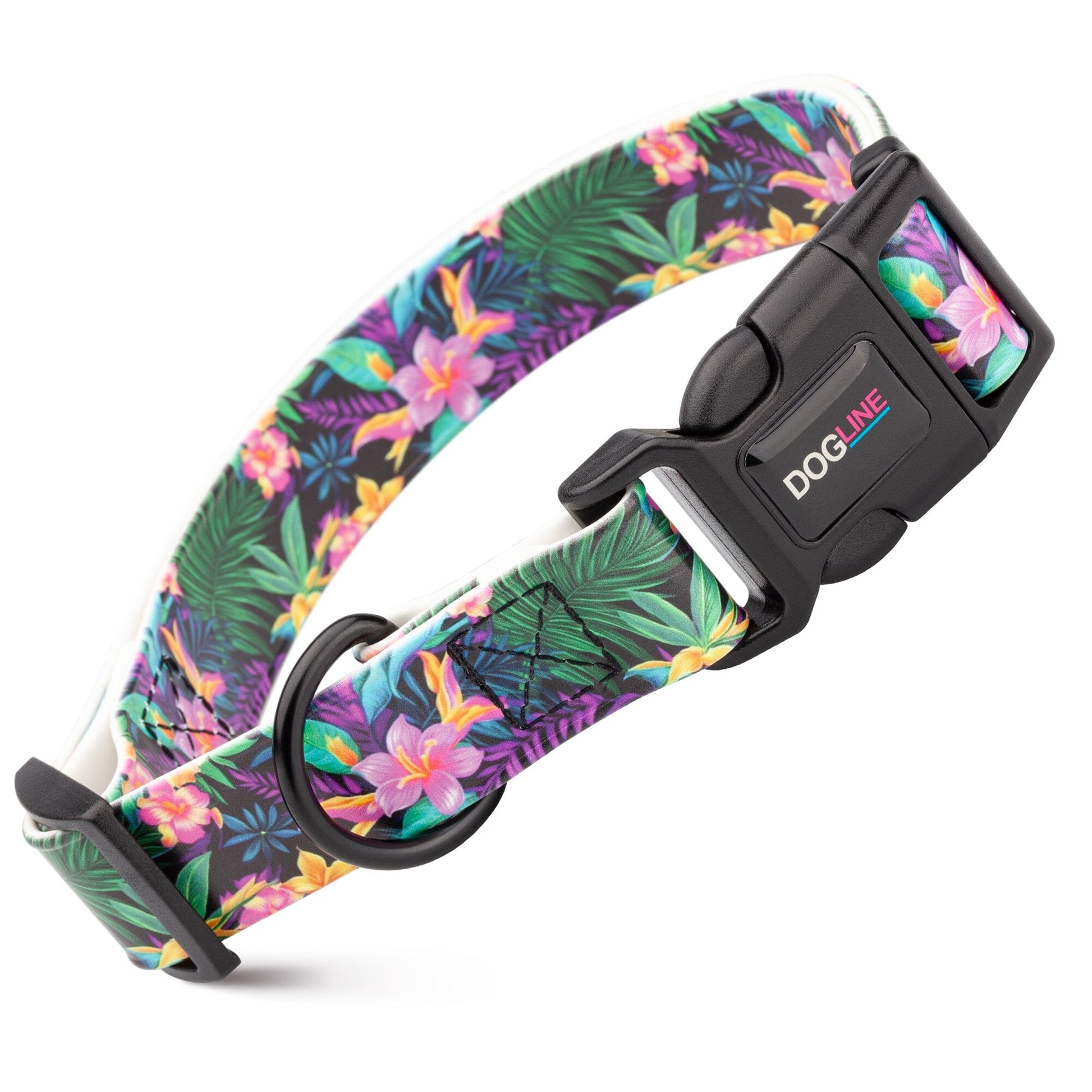 Dogline Biothane Full Color Design Printed Dog Collar with Quick Release Buckle Wonderland Flowers W 3 4" x L 12"-19" Dog Collars Dogline