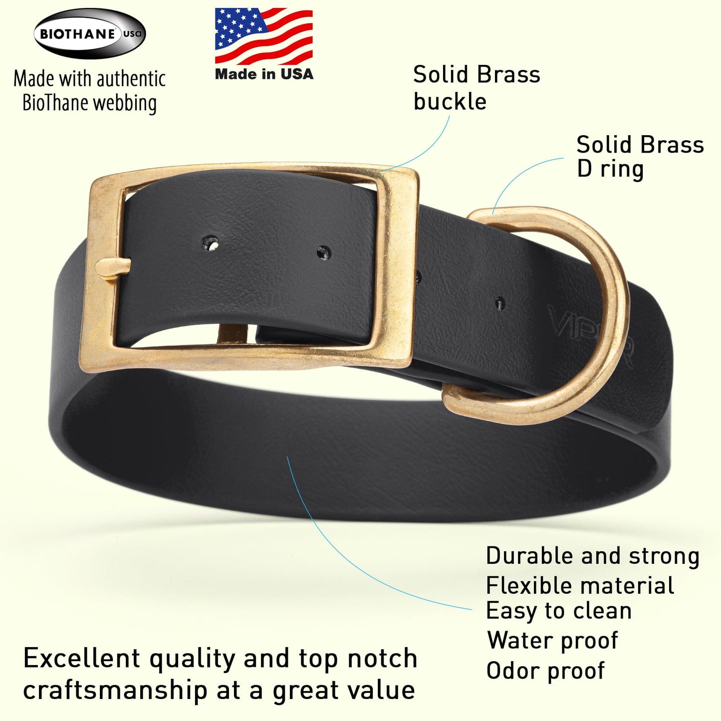 Viper Biothane Waterproof Dog Collar - Brass Hardware - 1.5in Wide - Size L (16" - 20") Dog Collar Dogline