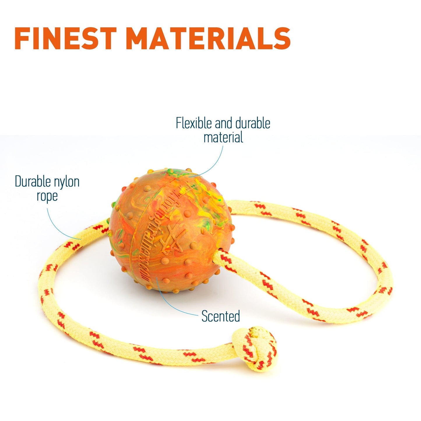 FDT Solid Rubber Dog Ball on Rope, Large - Diameter 2.75" (7 cm) Dog Toys Dogline