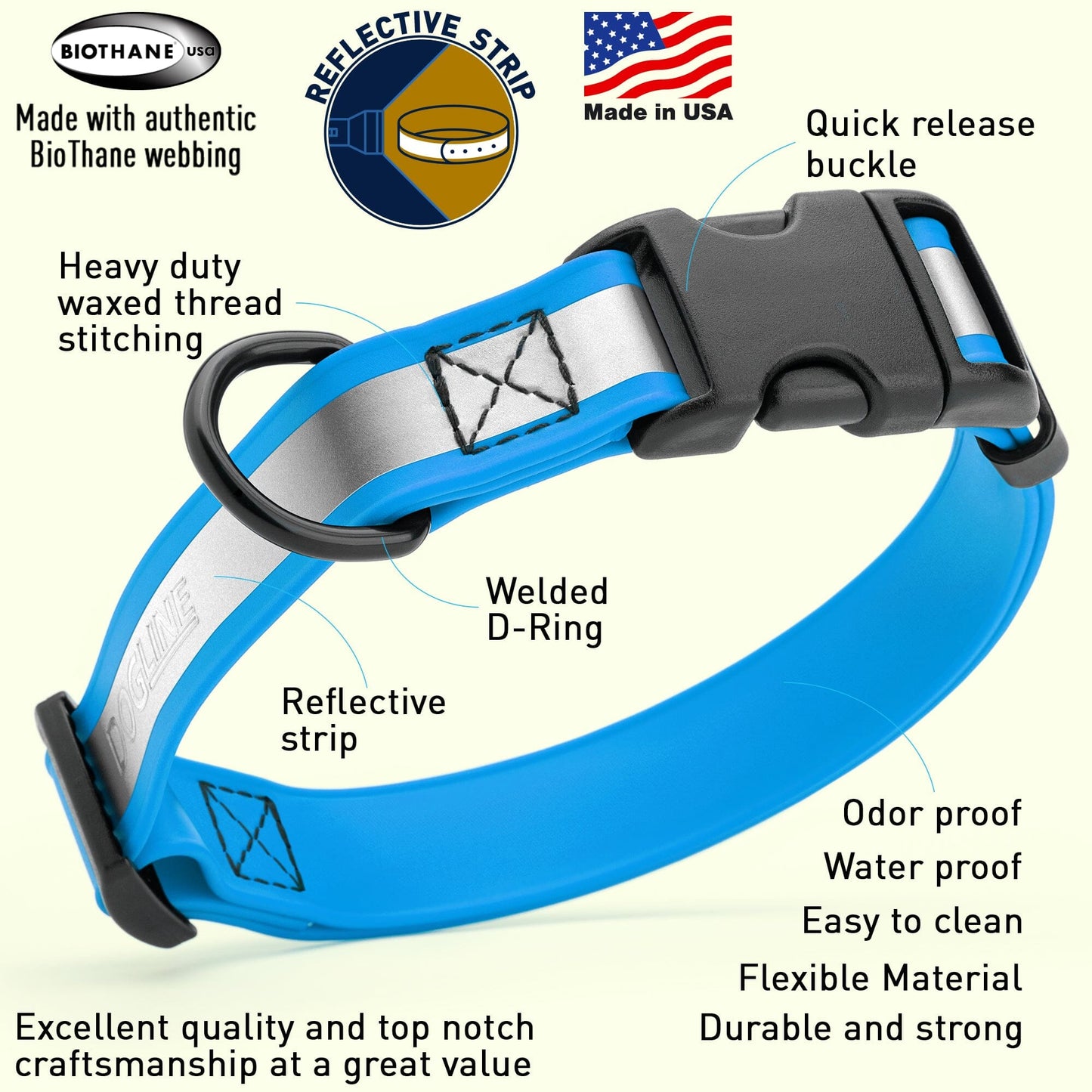 Dogline Biothane Reflective Dog Collar with Quick Release Buckle Dog Collar Dogline