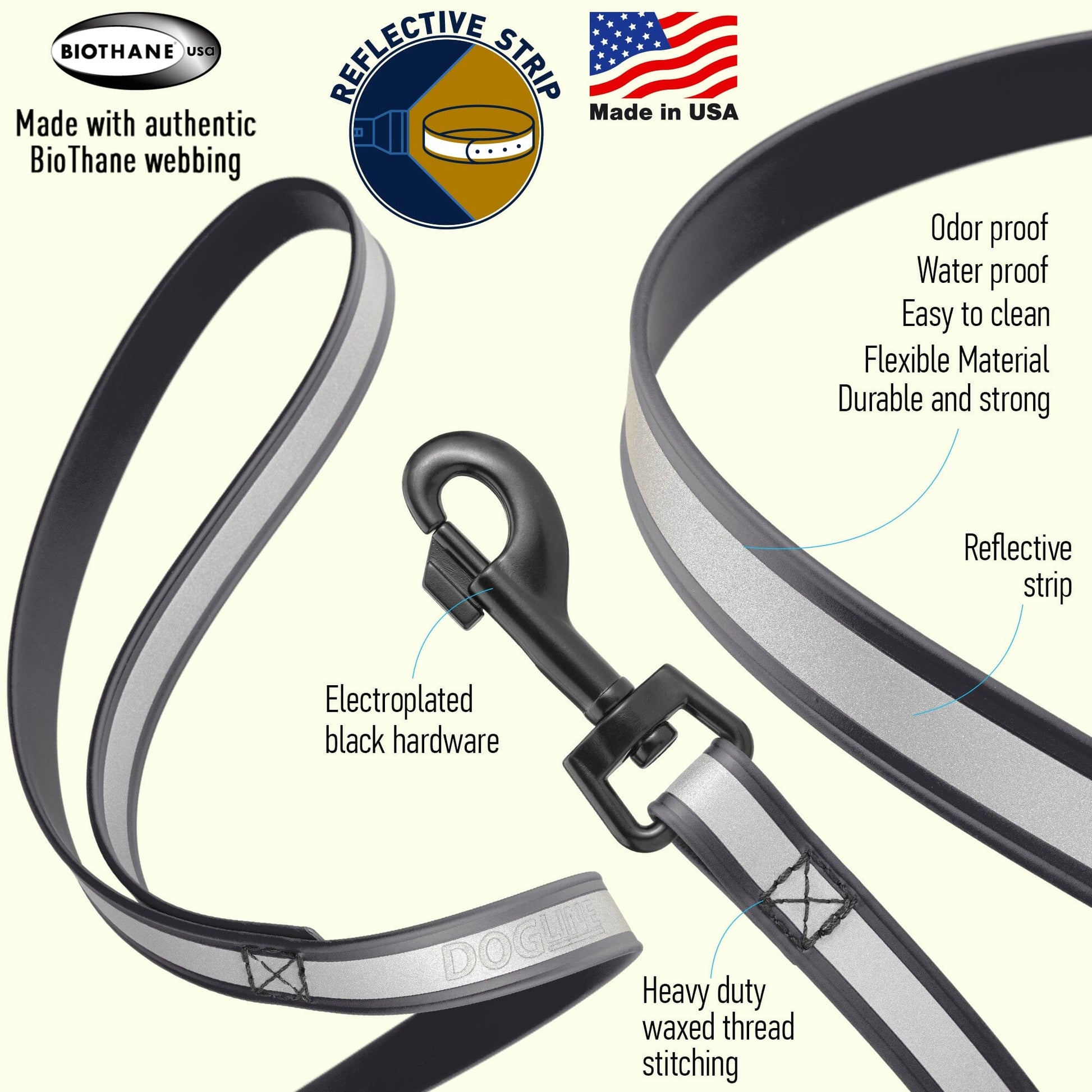 Reflective Biothane Dog Leash with Black Hardware Dog Leashes Dogline