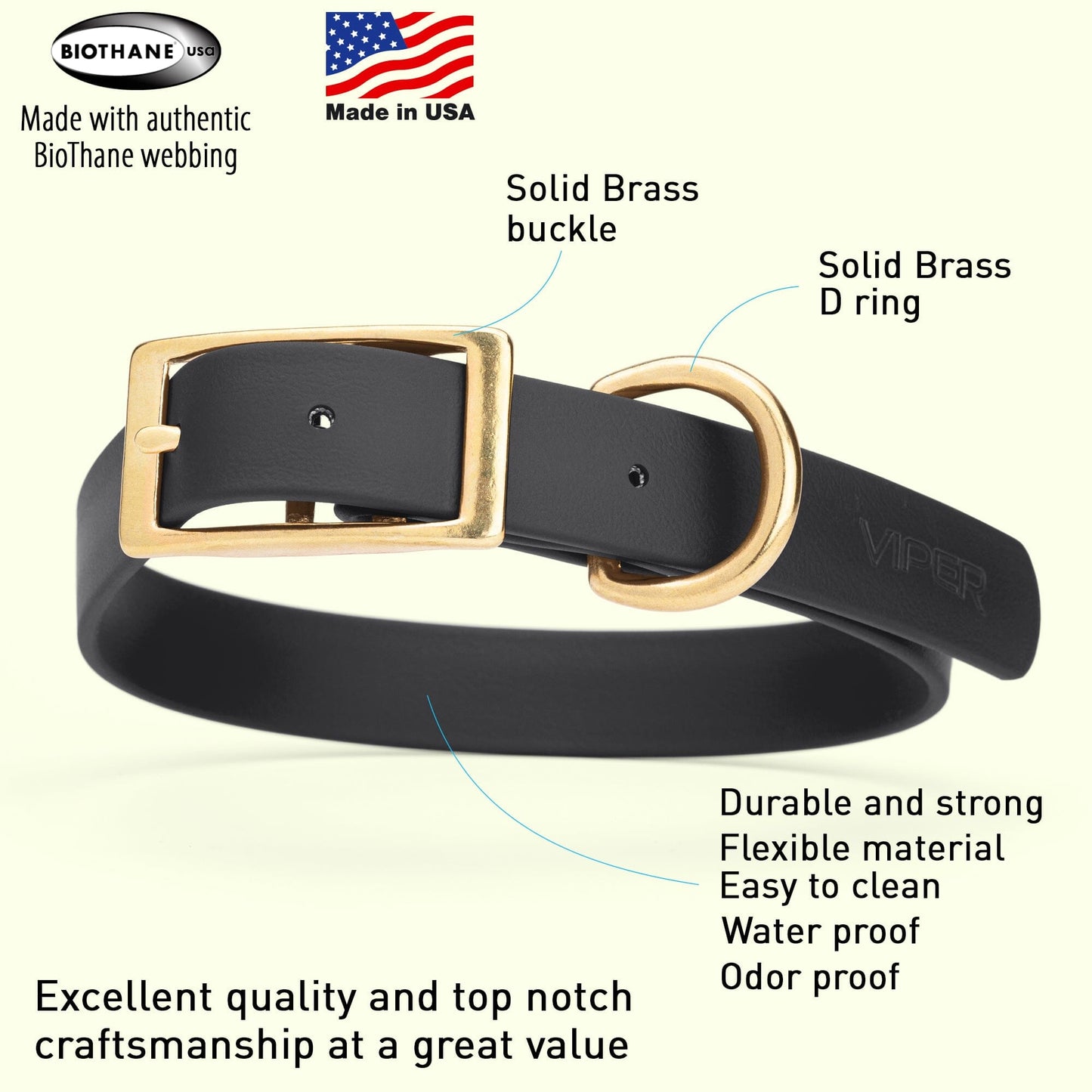 Viper Biothane Waterproof Dog Collar - Brass Hardware - Size L (18" - 22") Dog Collar Dogline