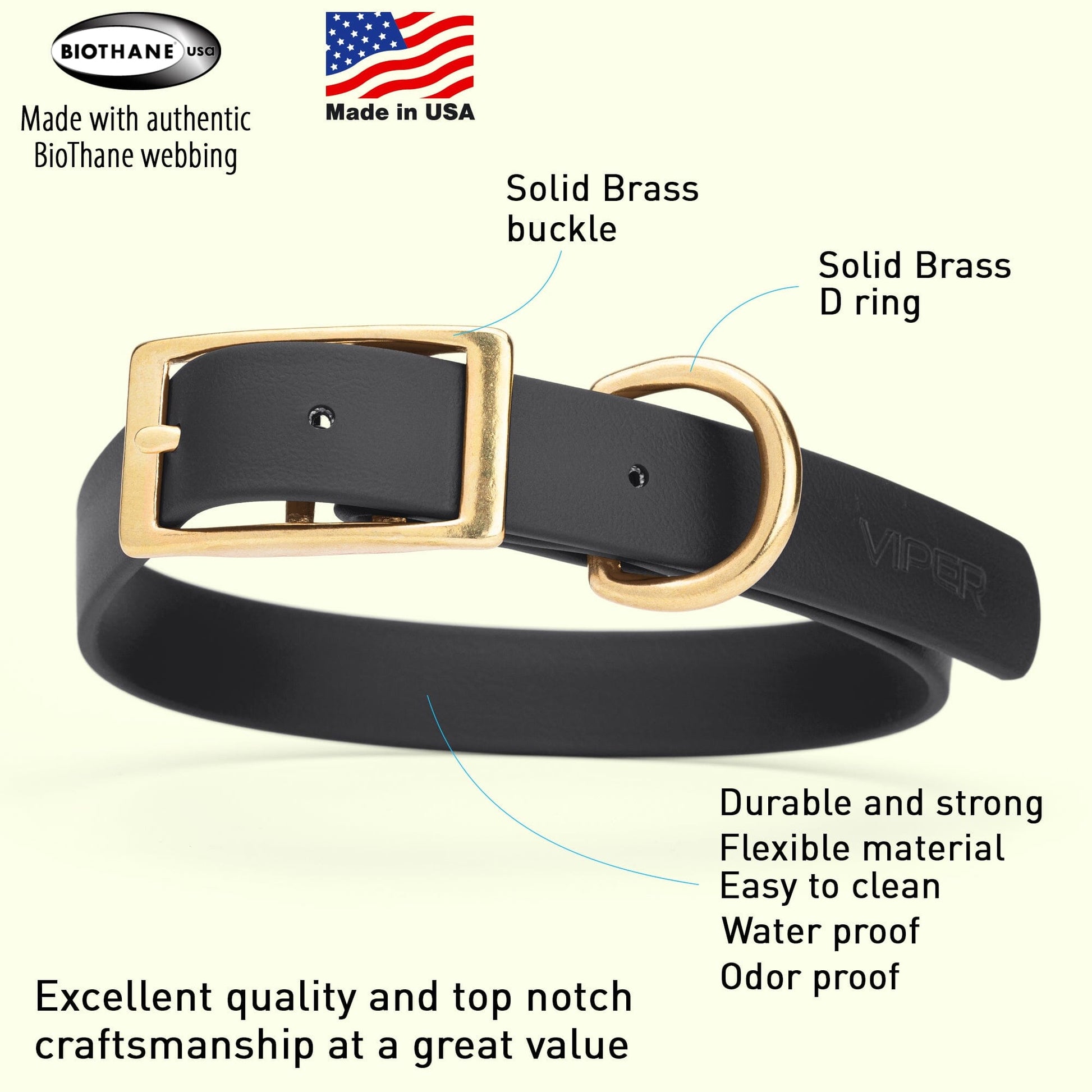 Viper Biothane Waterproof Dog Collar - Brass Hardware - Size L (18" - 22") Dog Collar Dogline