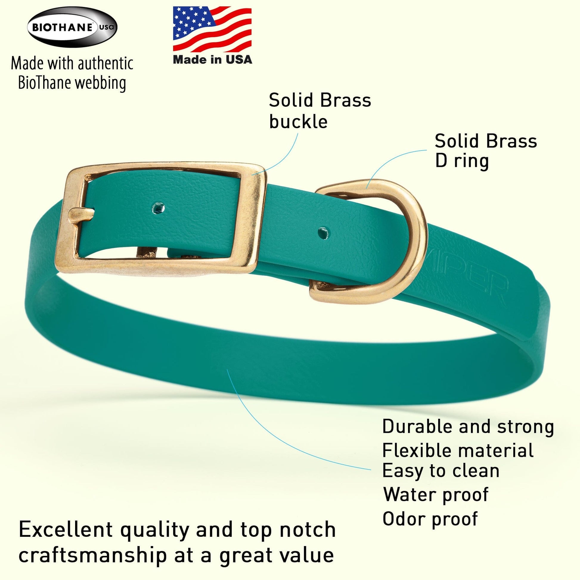 Viper Biothane Waterproof Dog Collar - Brass Hardware - Size M (15" - 18") Dog Collar Dogline