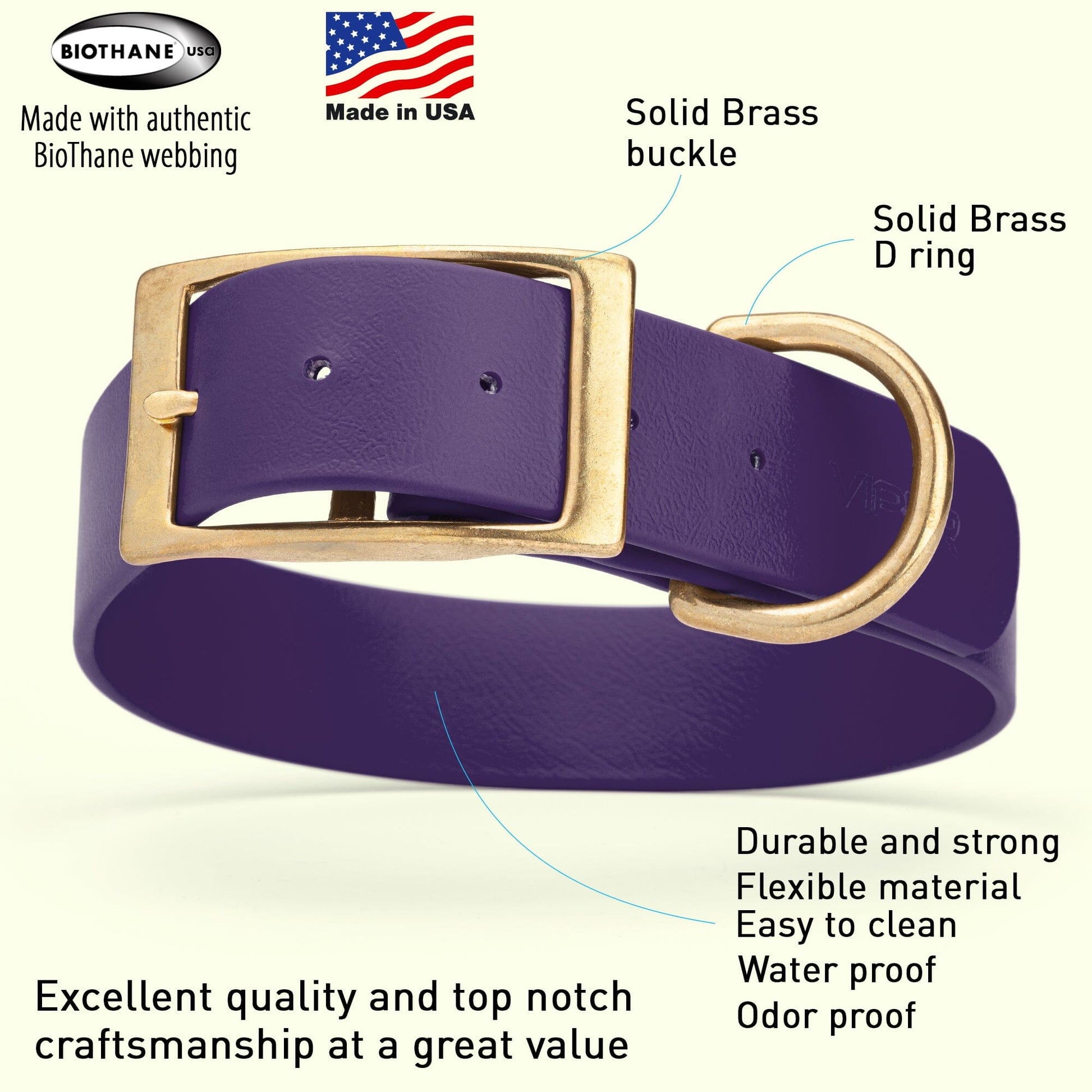 Viper Biothane Waterproof Dog Collar - Brass Hardware - 1.5in Wide - Size XXL (24" - 28") Dog Collar Dogline