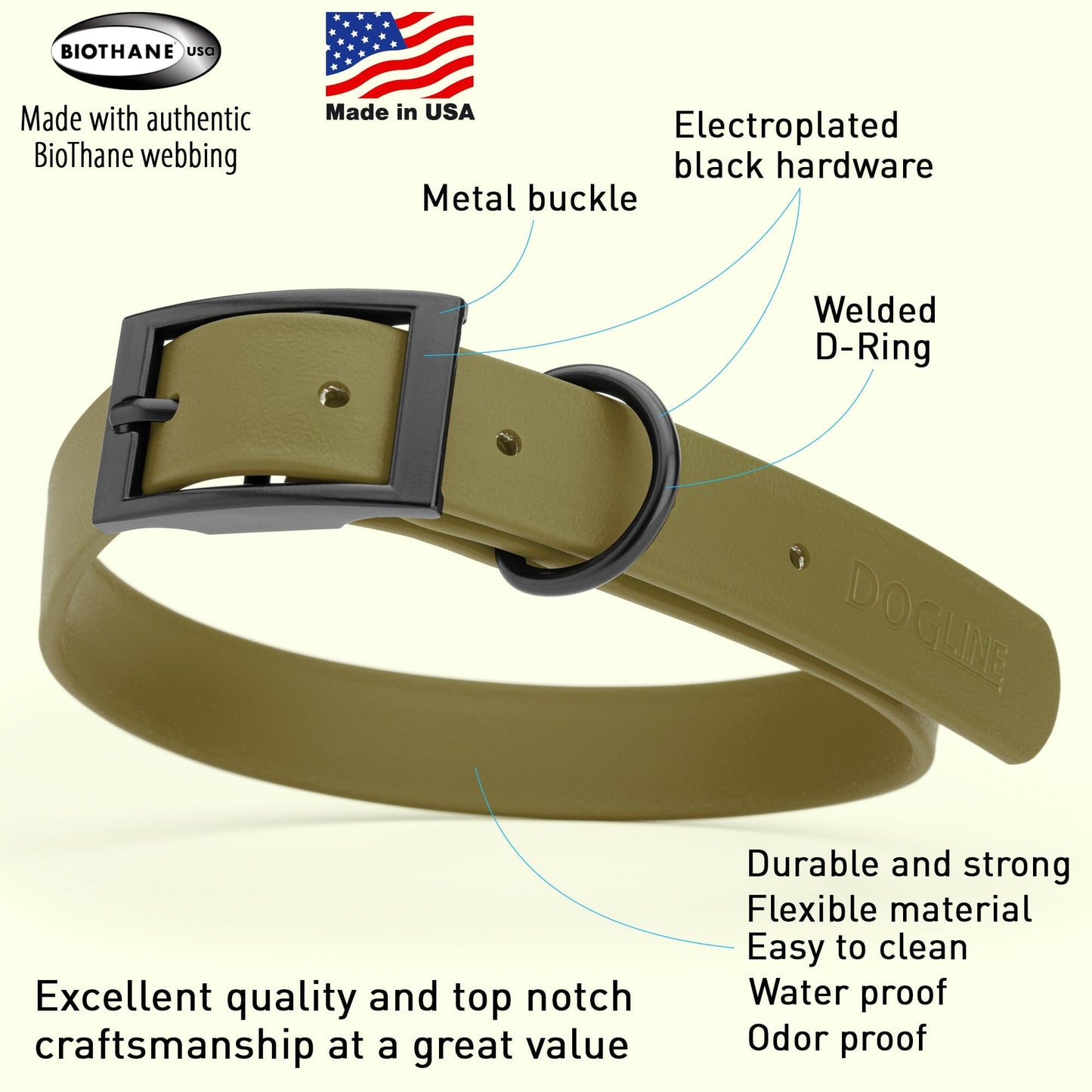 Biothane Waterproof Dog Collar - Large (18 to 22 inches) Dog Collar Dogline