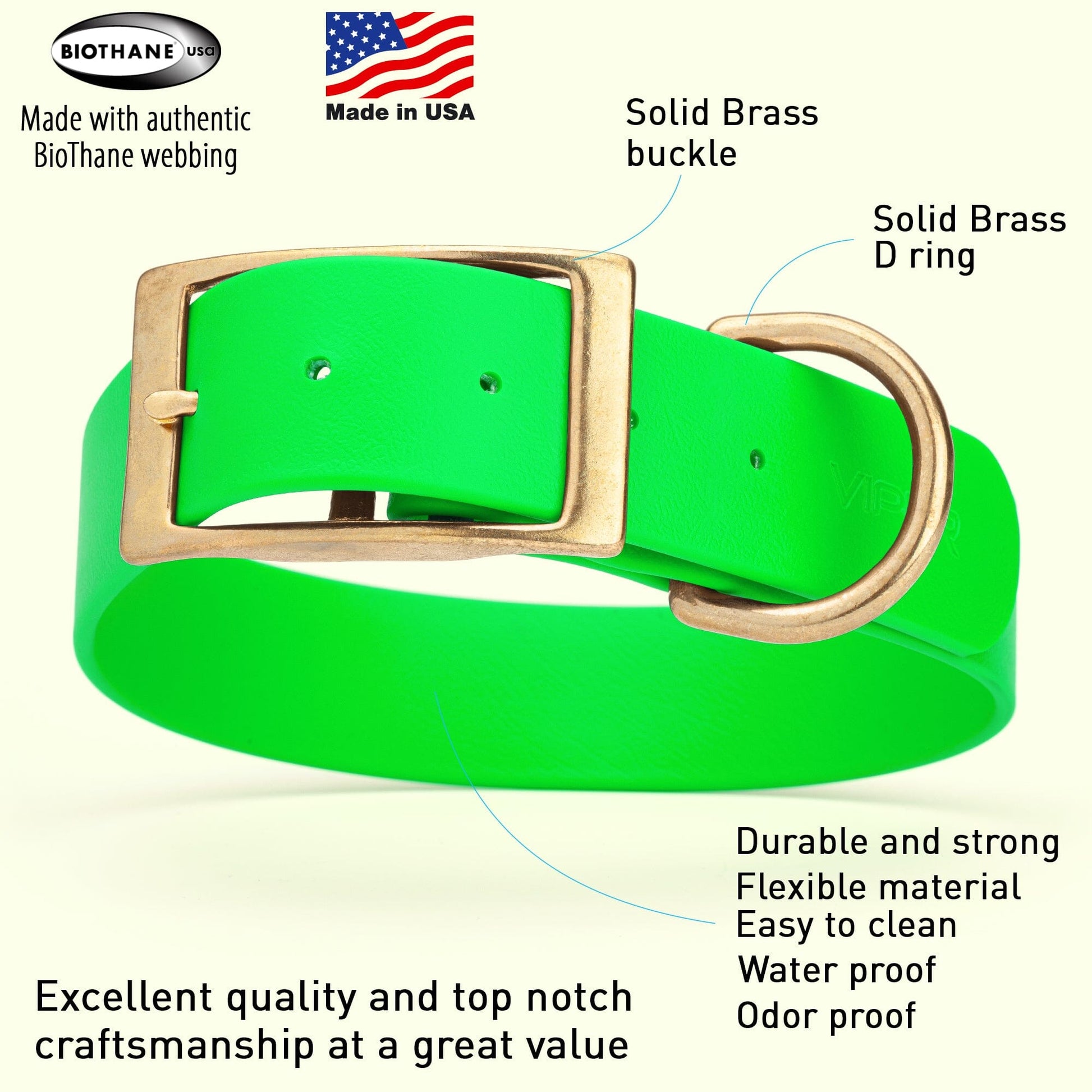 Viper Biothane Waterproof Dog Collar - Brass Hardware - 1.5in Wide - Size XL (20" - 24") Dog Collar Dogline