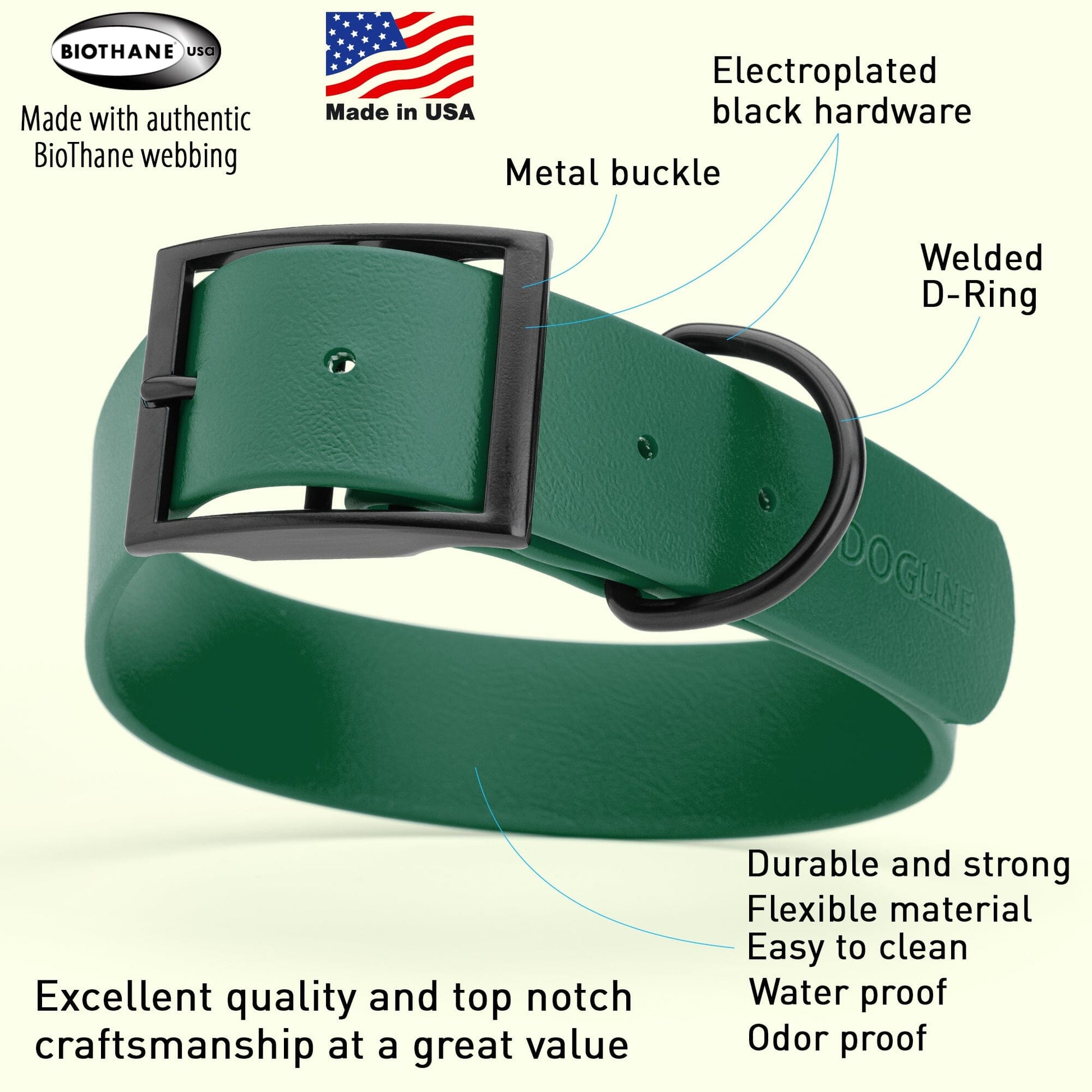 Biothane Waterproof Dog Collar - 1.5in Wide - Large (16 to 20 inches) Dog Collar Dogline