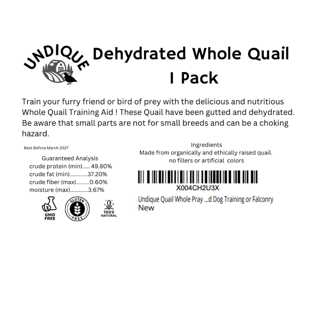 Quail Whole Pray dehydrated for Bird Dog Training or Falconry Dog Treats Quailz.com by Undique LLC