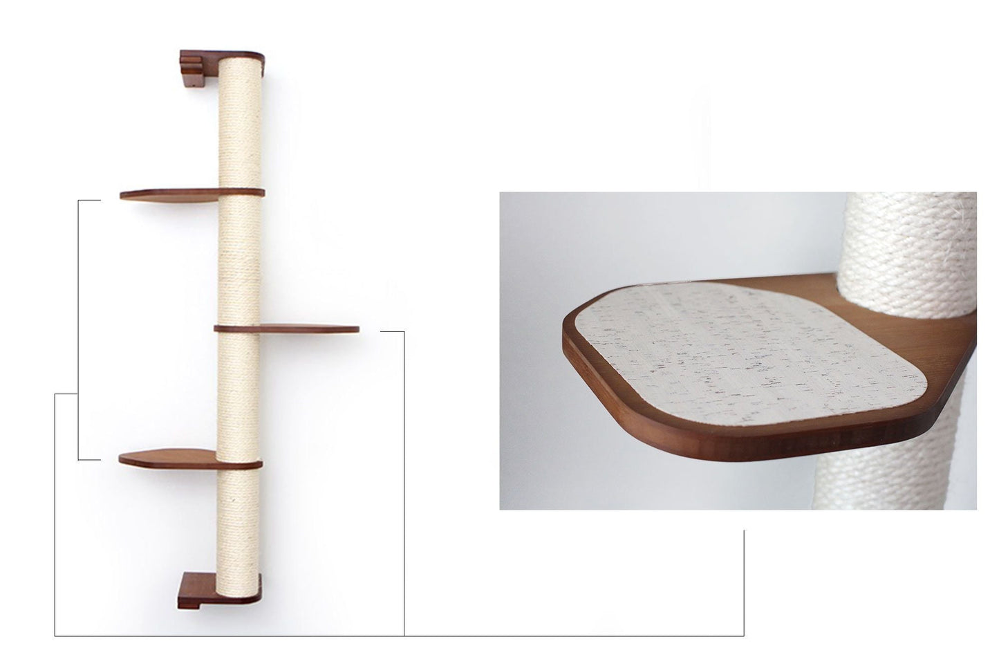 Wall Mounted Cat Climbing Pole - Sisal English Chestnut Bamboo 4-Tier Leaf Shelf Natural Cork Pad Cat Scratcher Catastrophic Creations