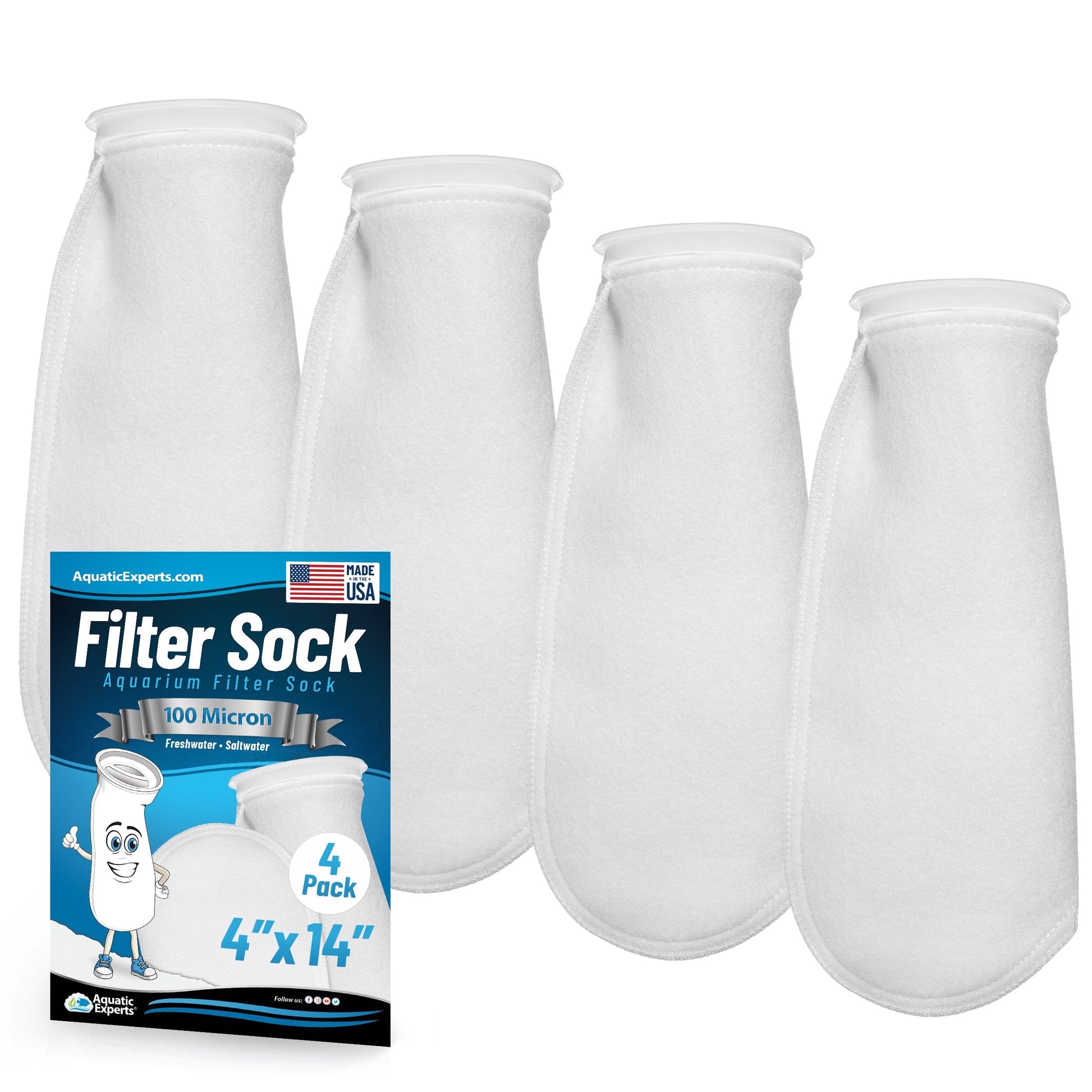 Aquatic Experts Aquatic Experts 4" Ring Aquarium Filter Sock 100 Micron for Saltwater & Reef Aquariums 14" 4 Pack Aquatic Experts