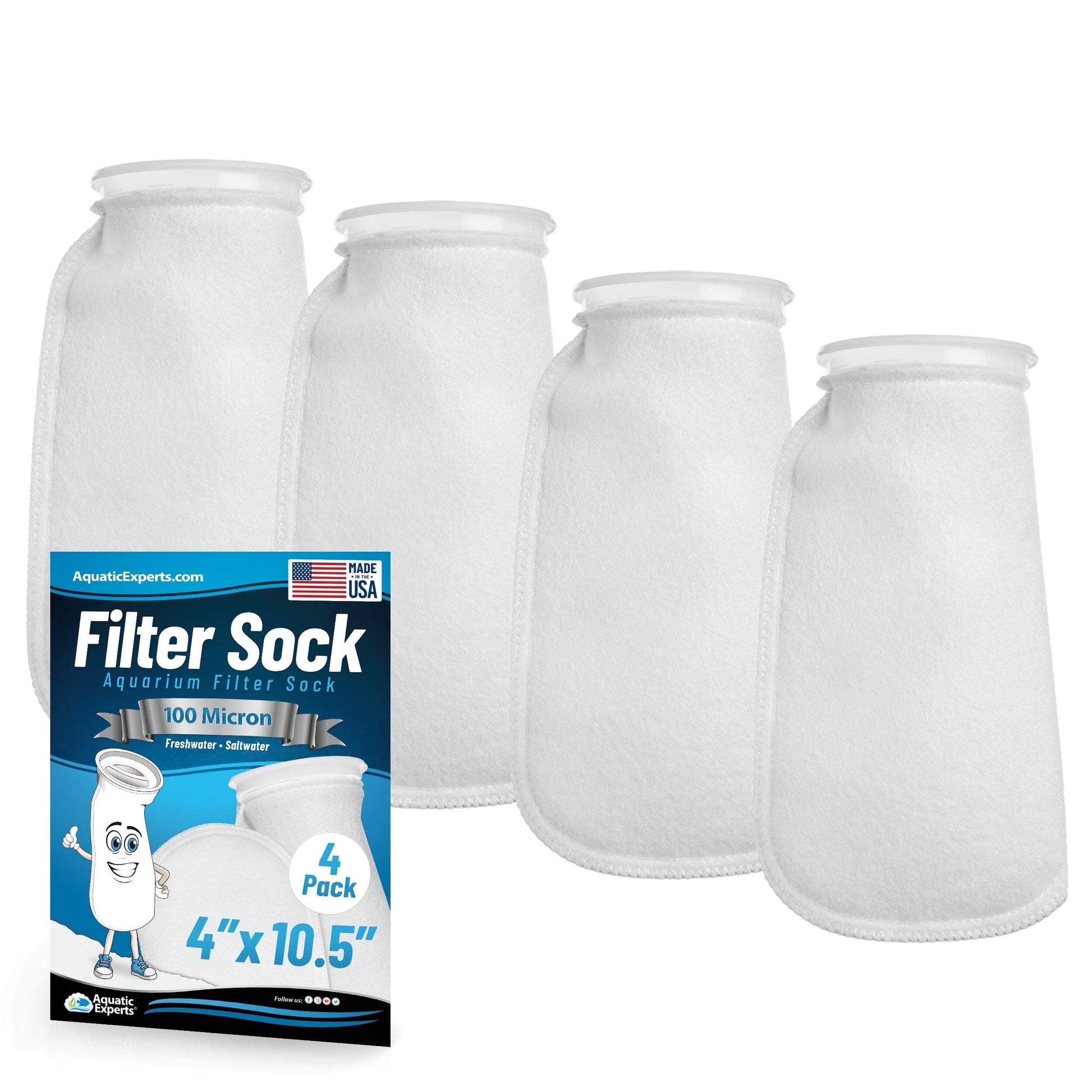 Aquatic Experts Aquatic Experts 4" Ring Aquarium Filter Sock 100 Micron for Saltwater & Reef Aquariums 10.5" 4 Pack Aquatic Experts