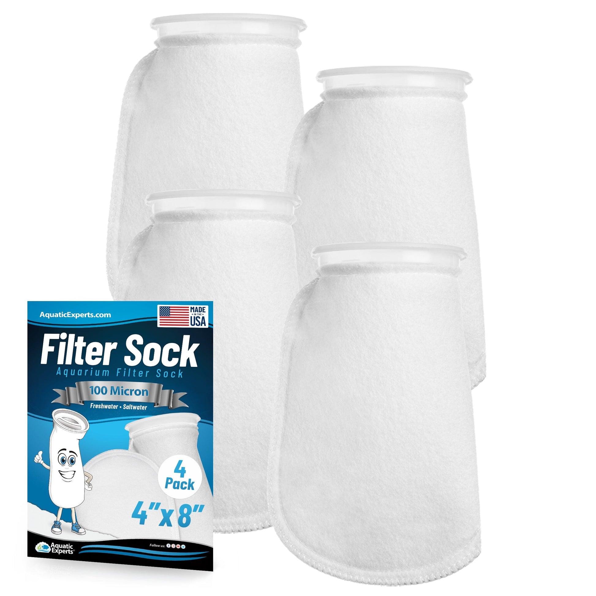 Aquatic Experts Aquatic Experts 4" Ring Aquarium Filter Sock 100 Micron for Saltwater & Reef Aquariums 8" 4 Pack Aquatic Experts