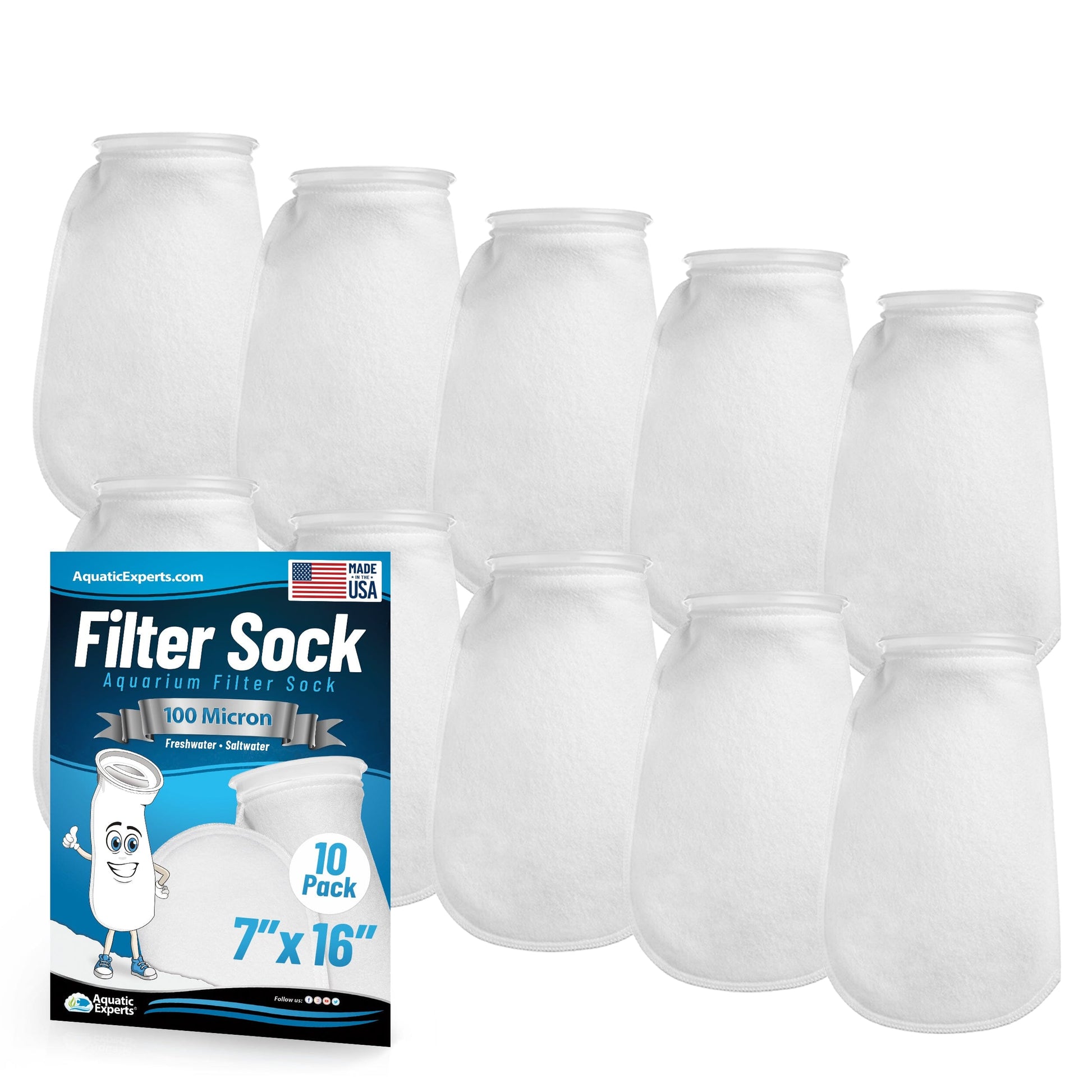 Aquatic Experts 7" Ring Aquarium Filter Sock 100 Micron for Saltwater & Reef Aquariums 16" 10 Pack Aquatic Experts