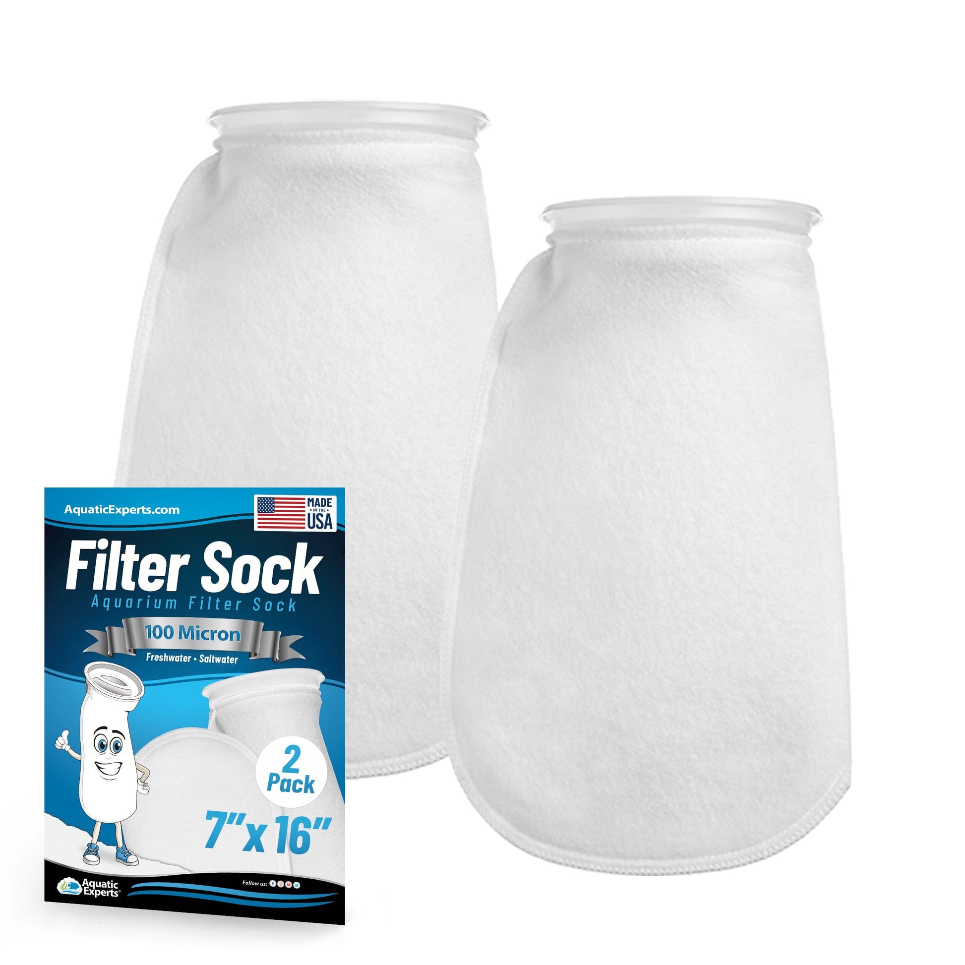 Aquatic Experts 7" Ring Aquarium Filter Sock 100 Micron for Saltwater & Reef Aquariums 16" 2 Pack Aquatic Experts