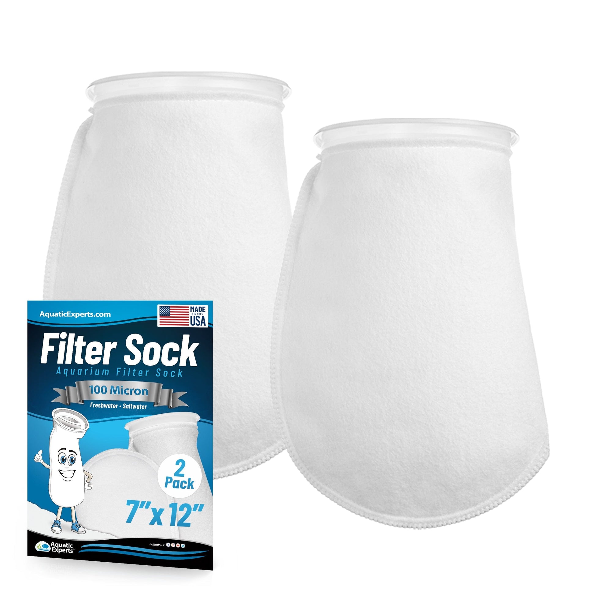 Aquatic Experts 7" Ring Aquarium Filter Sock 100 Micron for Saltwater & Reef Aquariums 12" 2 Pack Aquatic Experts