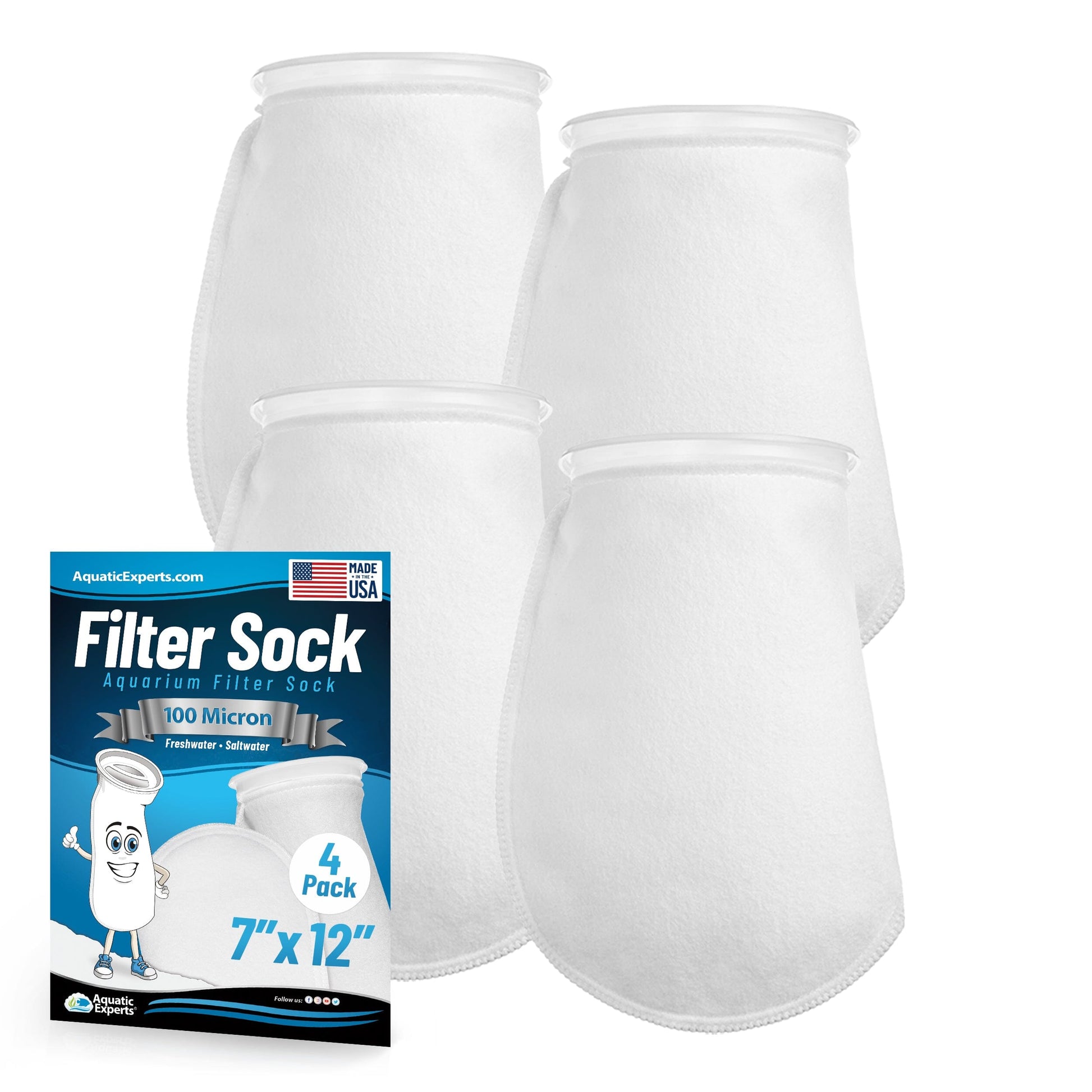 Aquatic Experts 7" Ring Aquarium Filter Sock 100 Micron for Saltwater & Reef Aquariums 12" 4 Pack Aquatic Experts