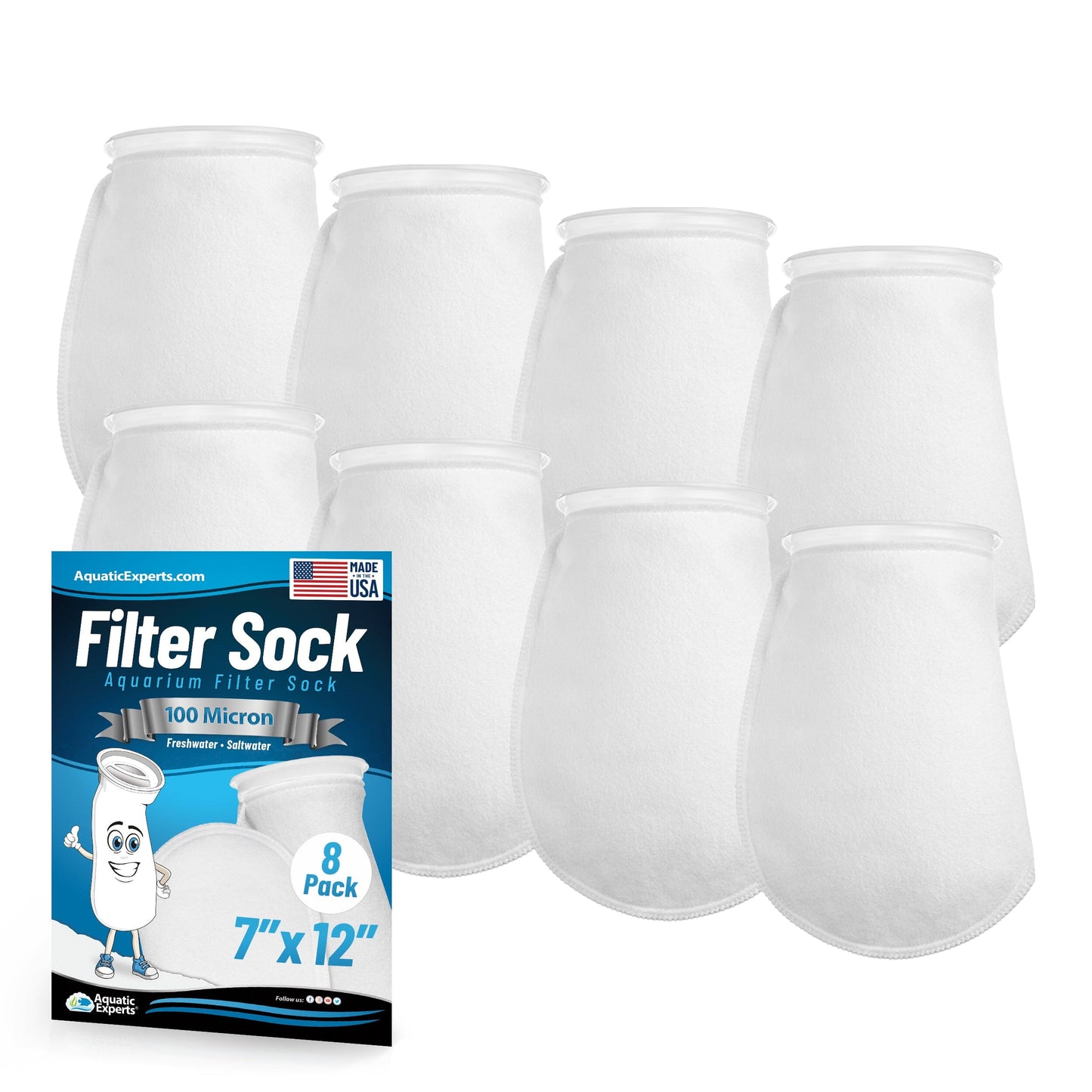 Aquatic Experts 7" Ring Aquarium Filter Sock 100 Micron for Saltwater & Reef Aquariums 12" 8 Pack Aquatic Experts