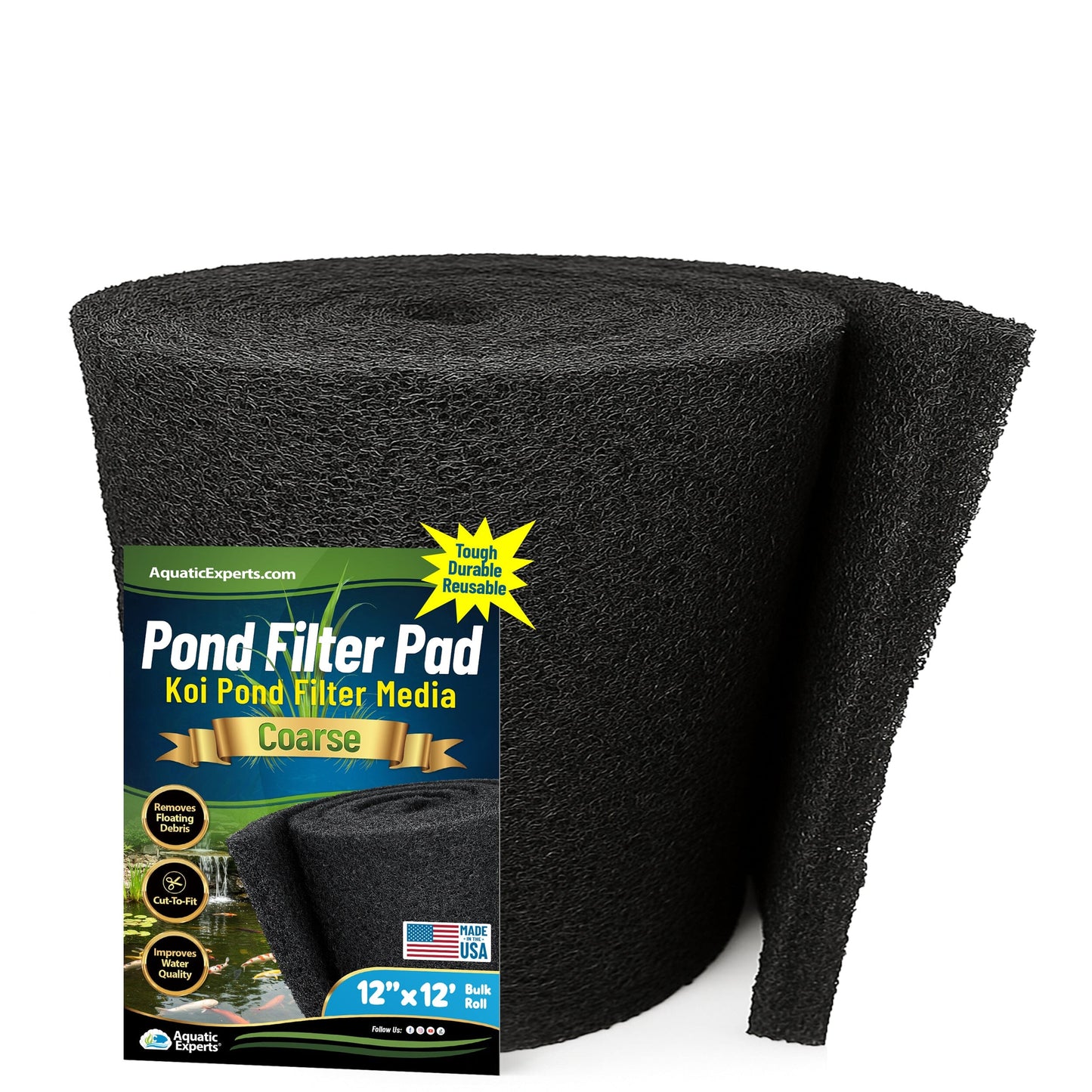 Classic Koi Pond Filter Pad COARSE - Black Bulk Roll Filter Media, Ultra-Durable Latex Coated for Fish Ponds 1" Thick 12" x 12' Aquatic Experts
