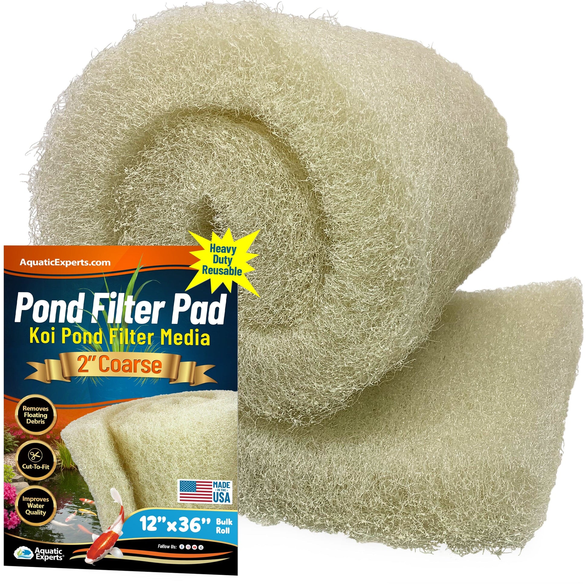 Cream COARSE Koi Pond Filter Pad - 2" Thick Bulk Roll Filter Media for Water Gardens - Made in USA 12" x 36" Aquatic Experts
