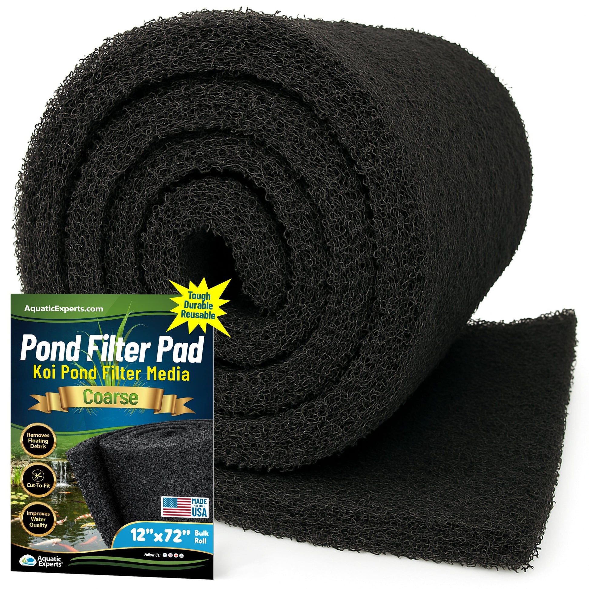 Classic Koi Pond Filter Pad COARSE - Black Bulk Roll Filter Media, Ultra-Durable Latex Coated for Fish Ponds 1" Thick 12" x 72" Aquatic Experts