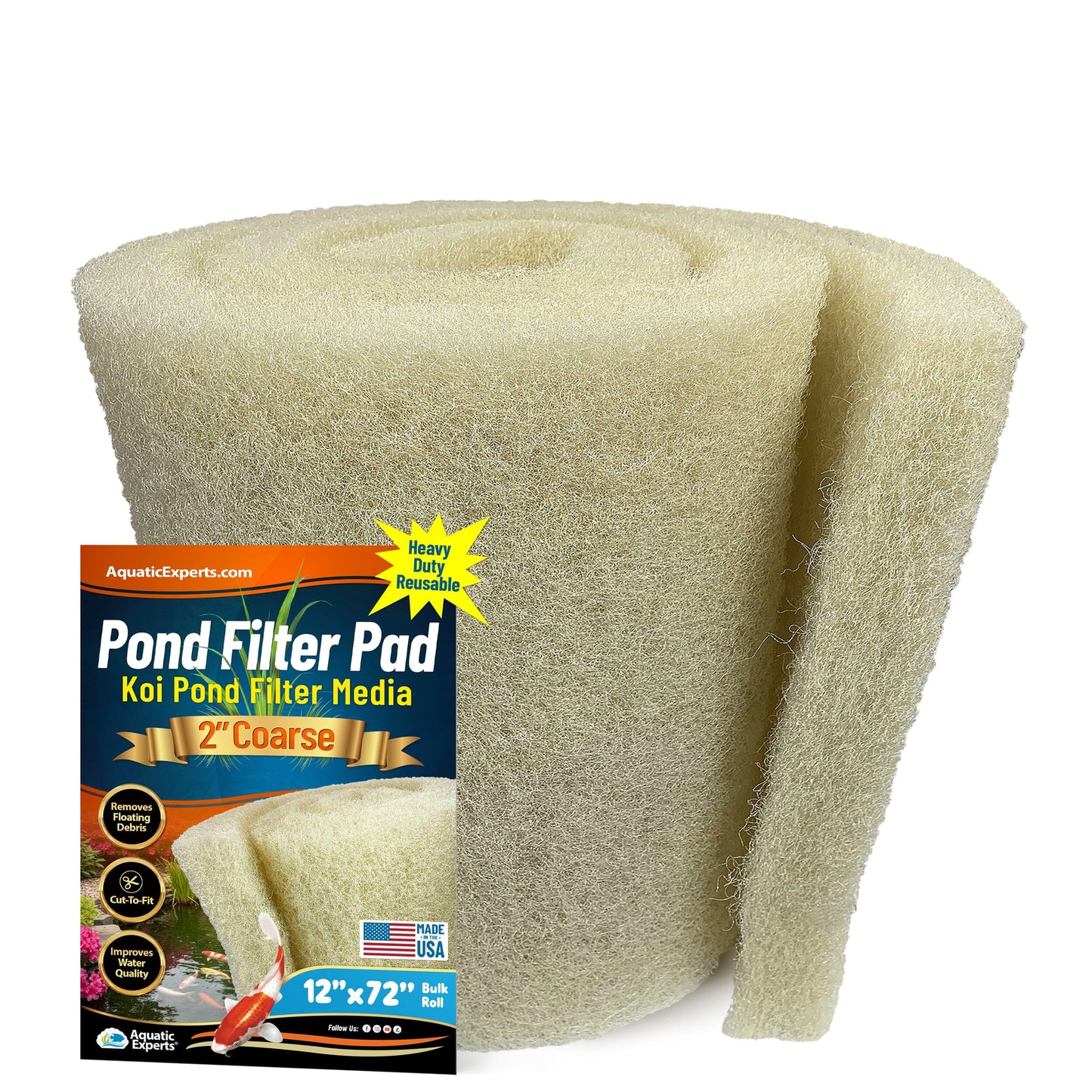 Cream COARSE Koi Pond Filter Pad - 2" Thick Bulk Roll Filter Media for Water Gardens - Made in USA 12" x 72" Aquatic Experts