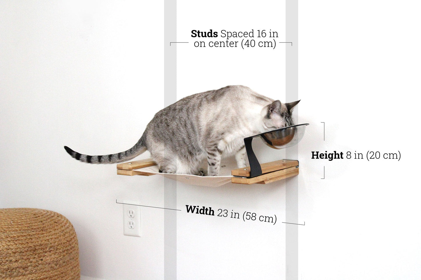 Dog Proof Cat Feeder - Wall-Mounted - Raised Elevated Natural Bamboo Natural Canvas 16" Cat Hammock Catastrophic Creations