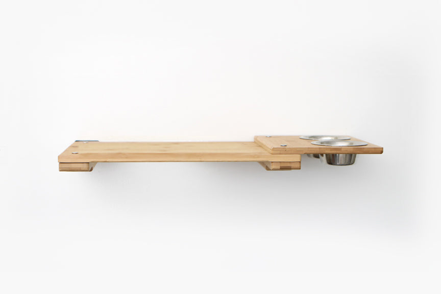 Wall Mounted Cat Feeding Shelf Standard Natural Bamboo 34" Slotted Escape Hatch Cat shelves/bed Catastrophic Creations